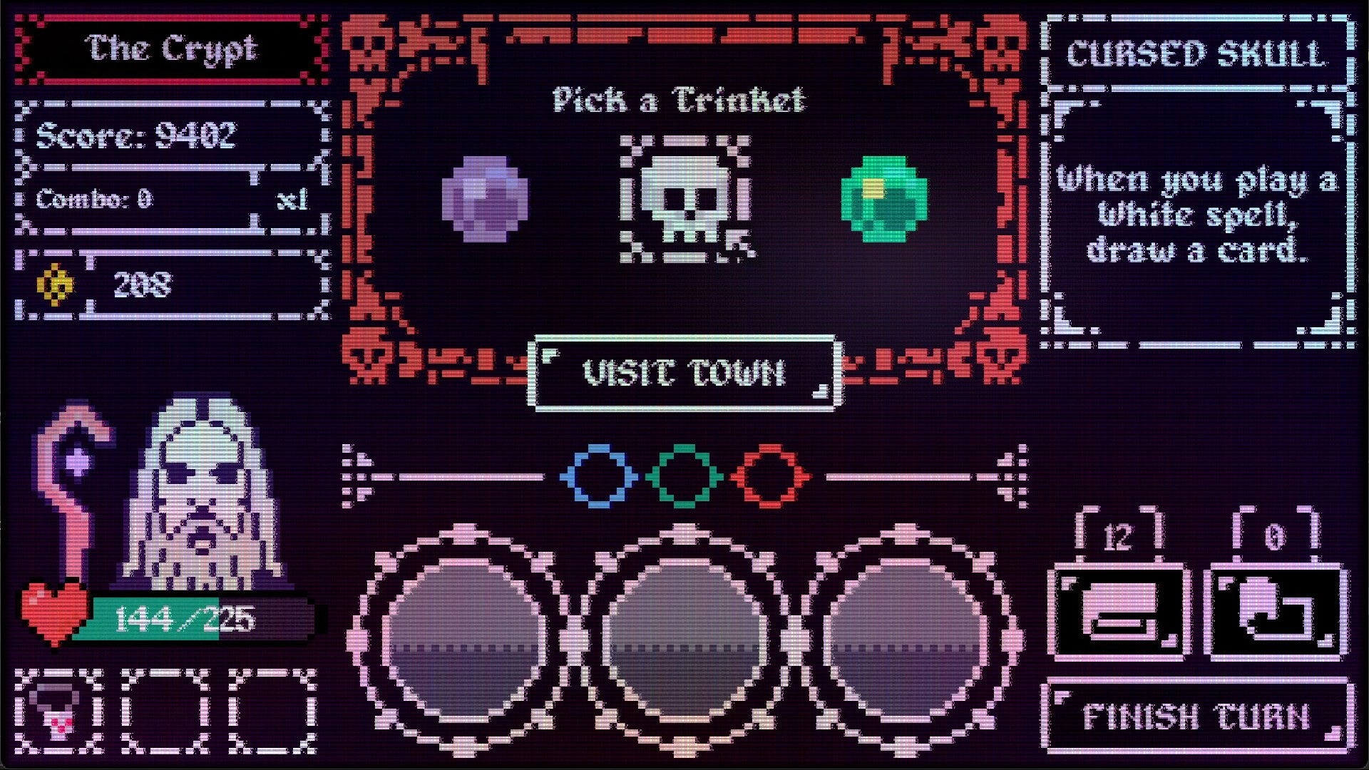Trial By Magic: Pick a trinket in the crypt with score, health bar, and visit town option visible.