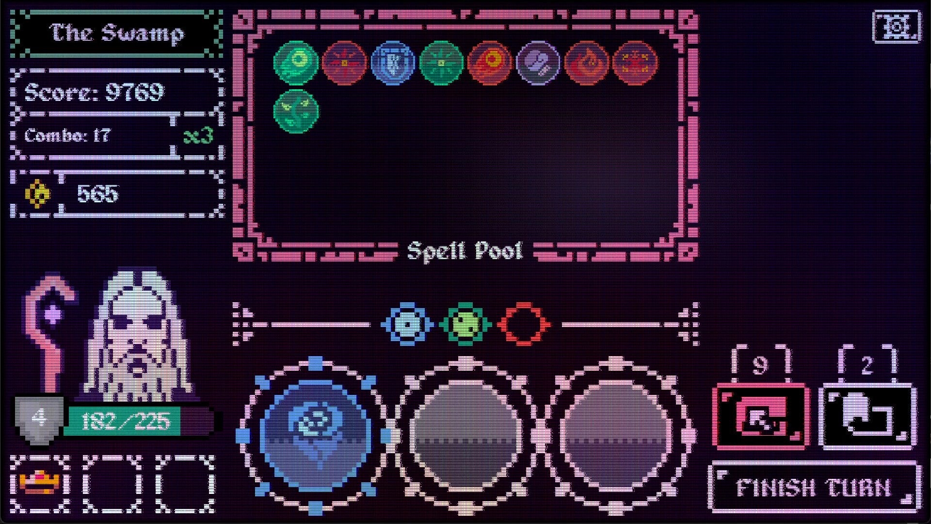 Trial By Magic: Wizard in swamp with spell pool, health bar, and score displayed on UI elements