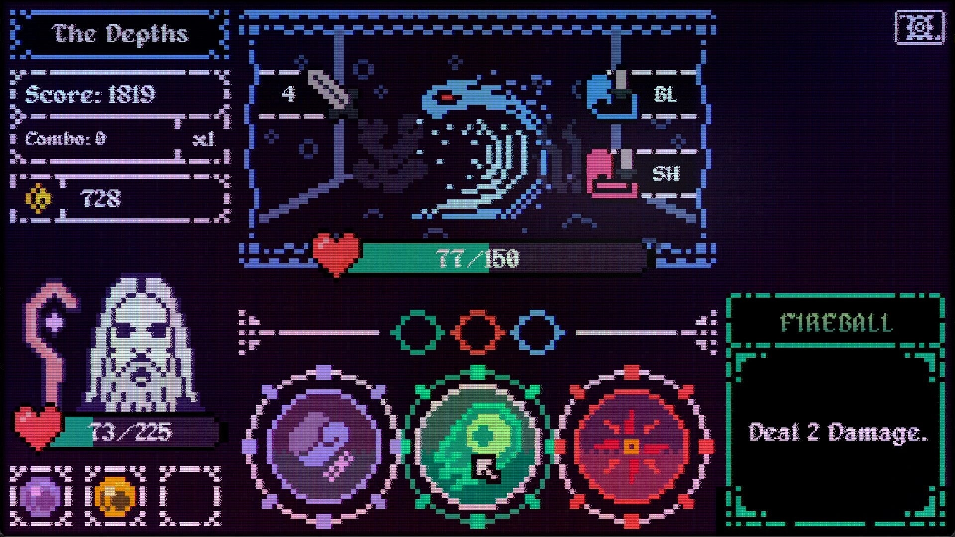 Trial By Magic: Player combats serpent in The Depths with health, score, and spell options displayed.