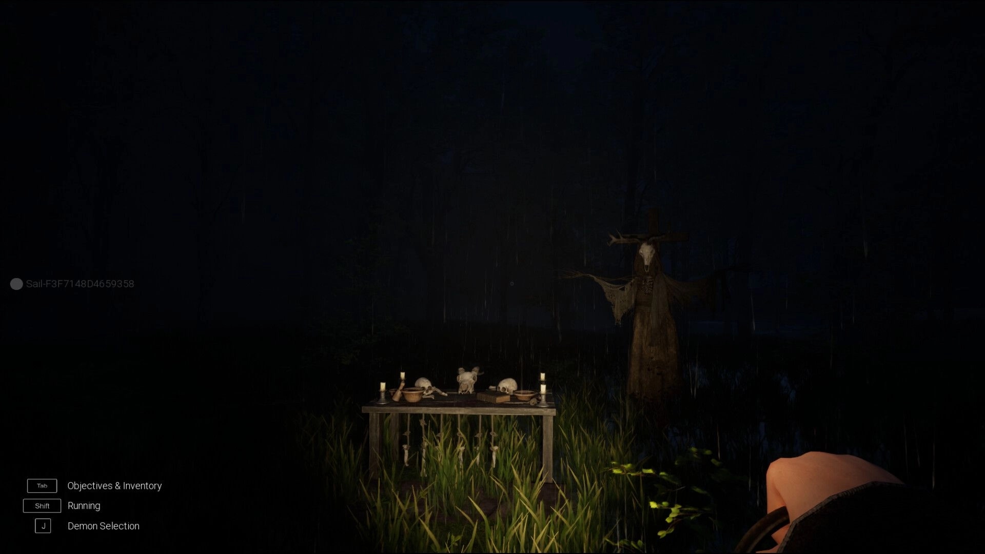 Triangle: Ritual table with skulls and candles in dark forest, UI shows objectives and demon selection