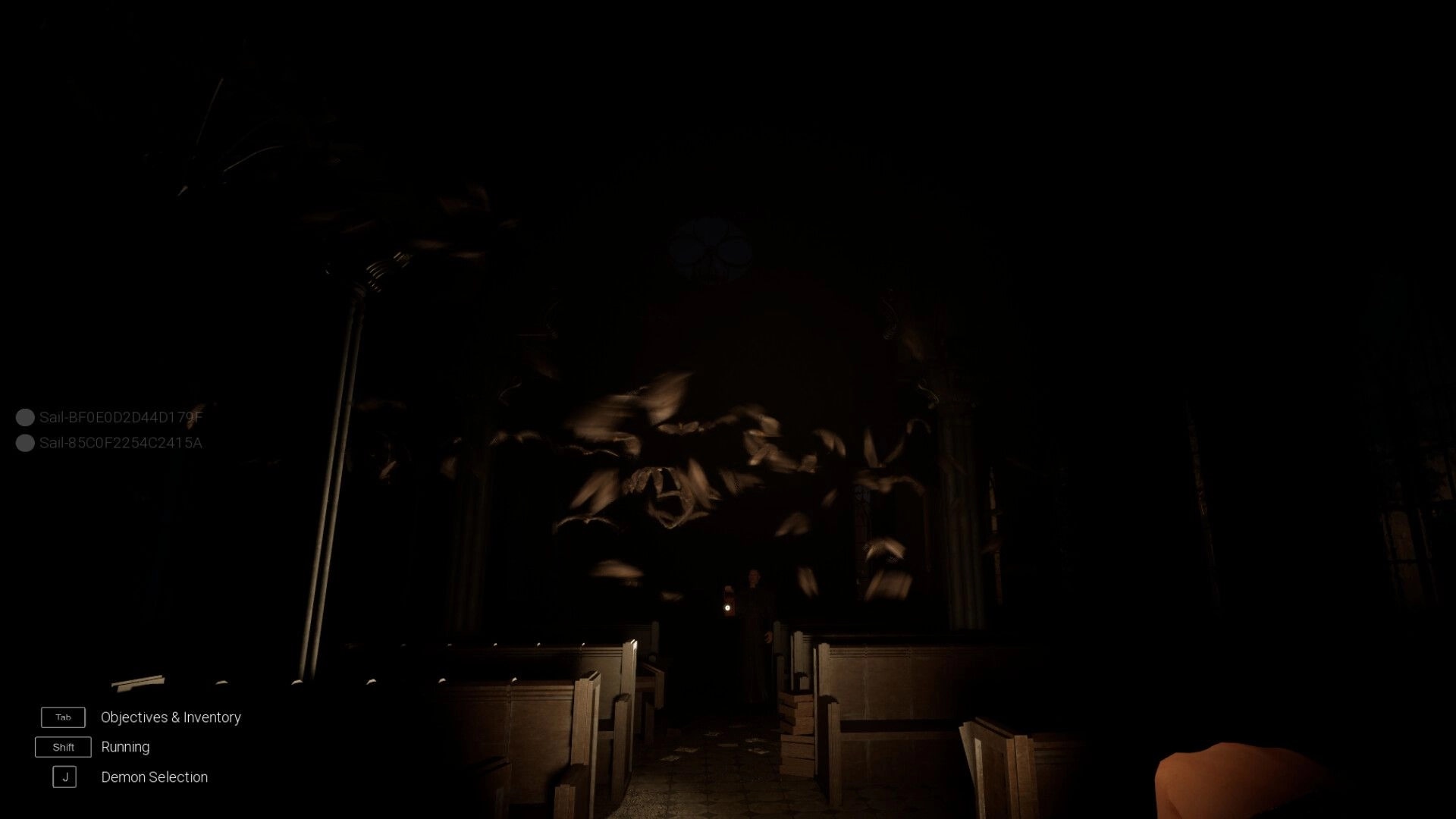 Triangle: Dark church interior with flying bats, a lone figure holding a lantern, and UI in the corner.