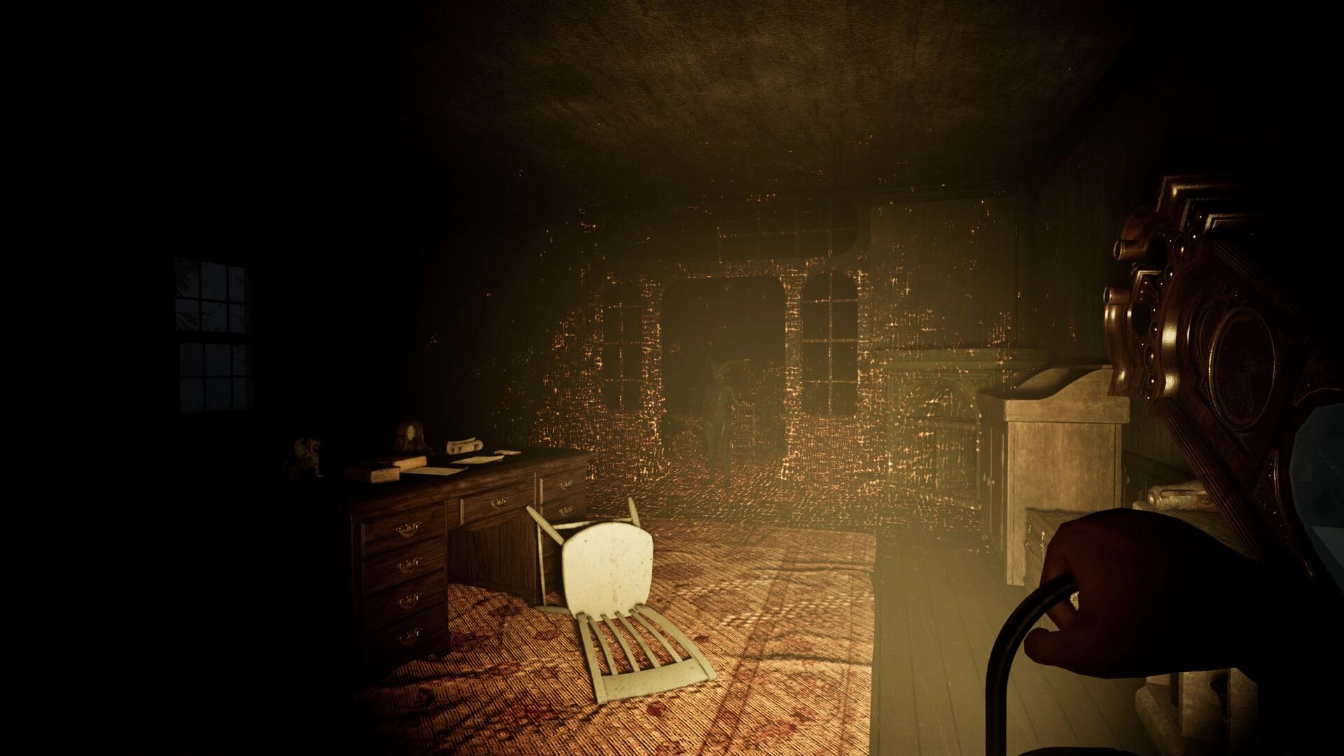 Triangle: Dimly lit room with overturned chair, desk, and shadowy figure near glowing doorway.