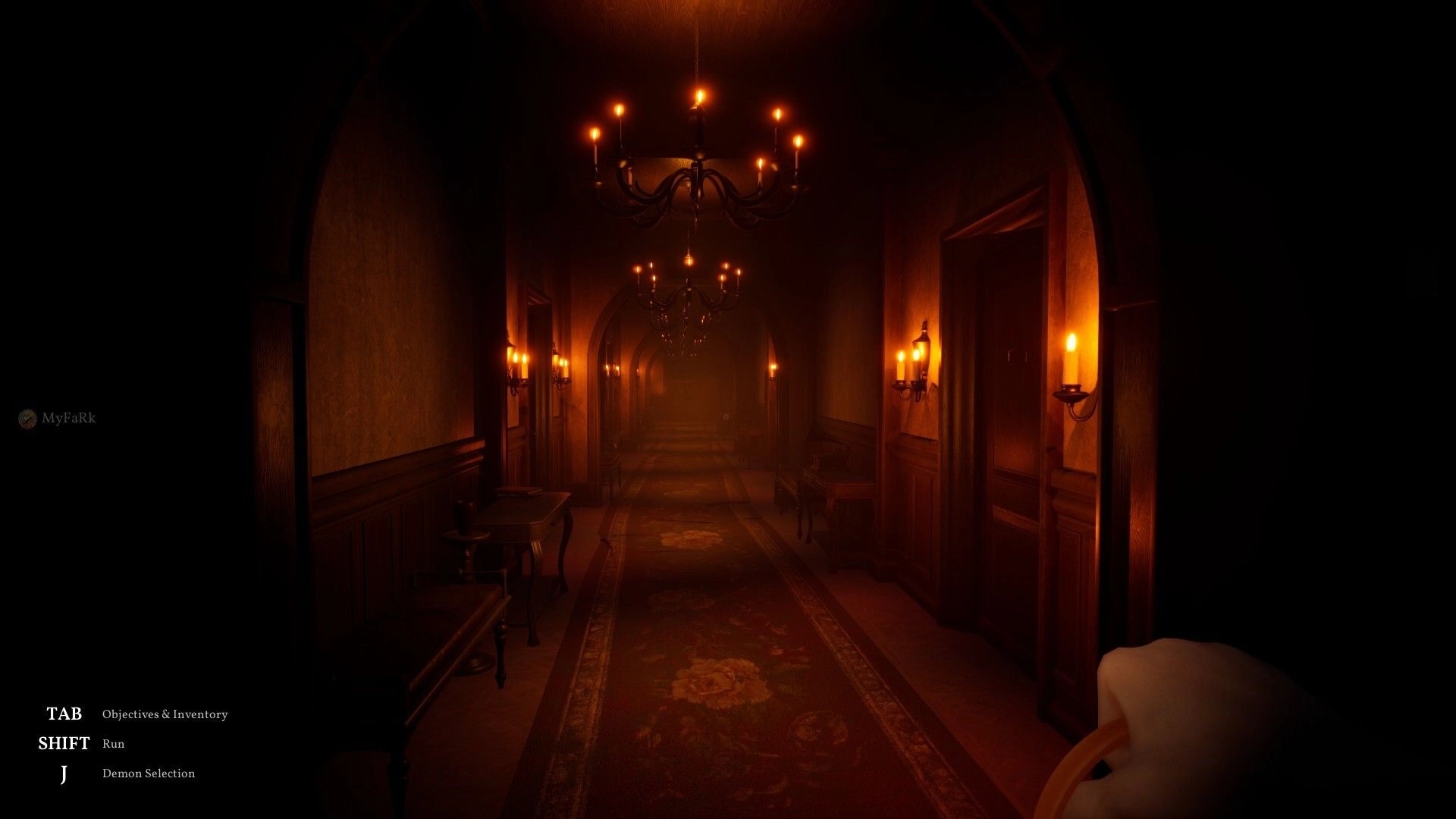 Triangle: Dimly lit corridor with chandeliers, candlelight, and UI showing objectives and controls.