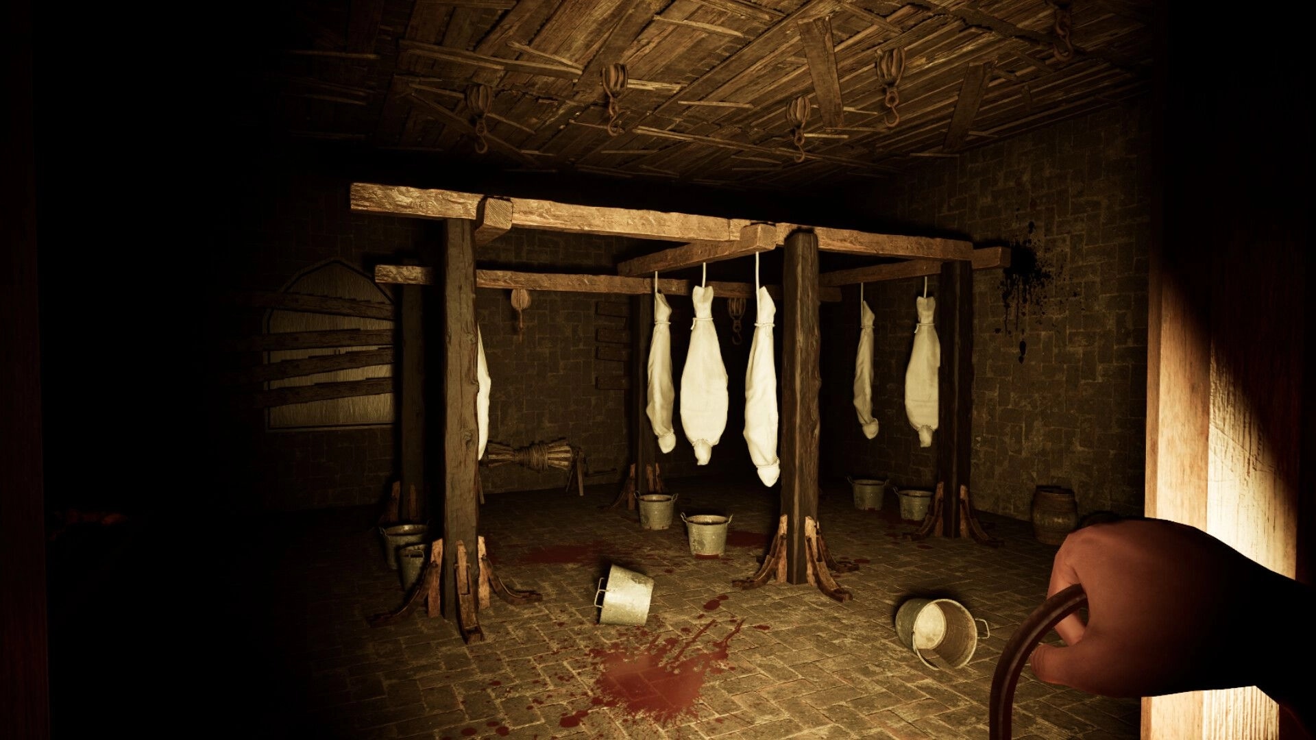 Triangle: Exploring a dimly lit room with hanging sacks and bloodstained floor in the cursed village