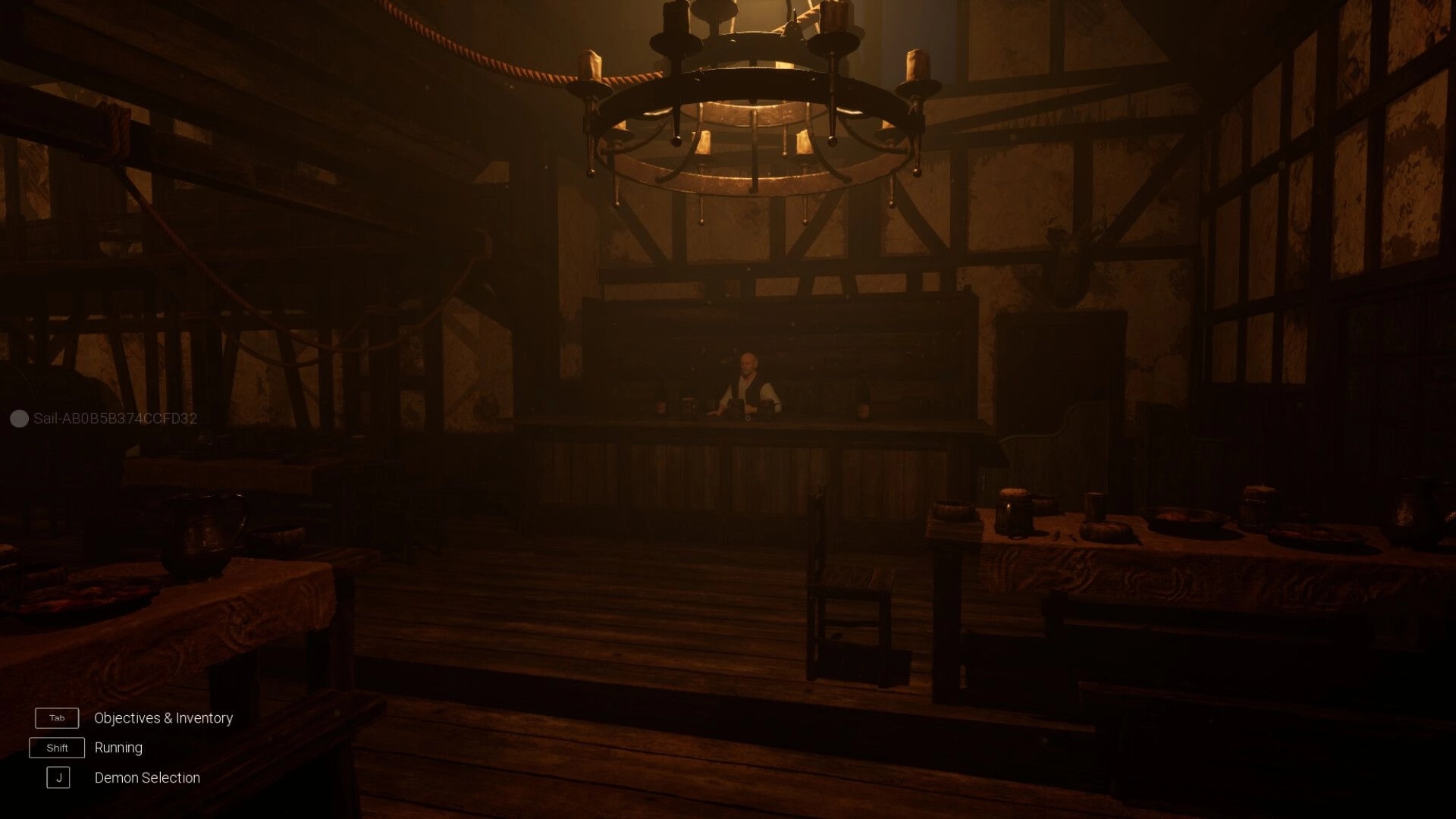 Triangle: Dimly lit tavern interior with bartender behind counter; UI shows objectives and demon selection.