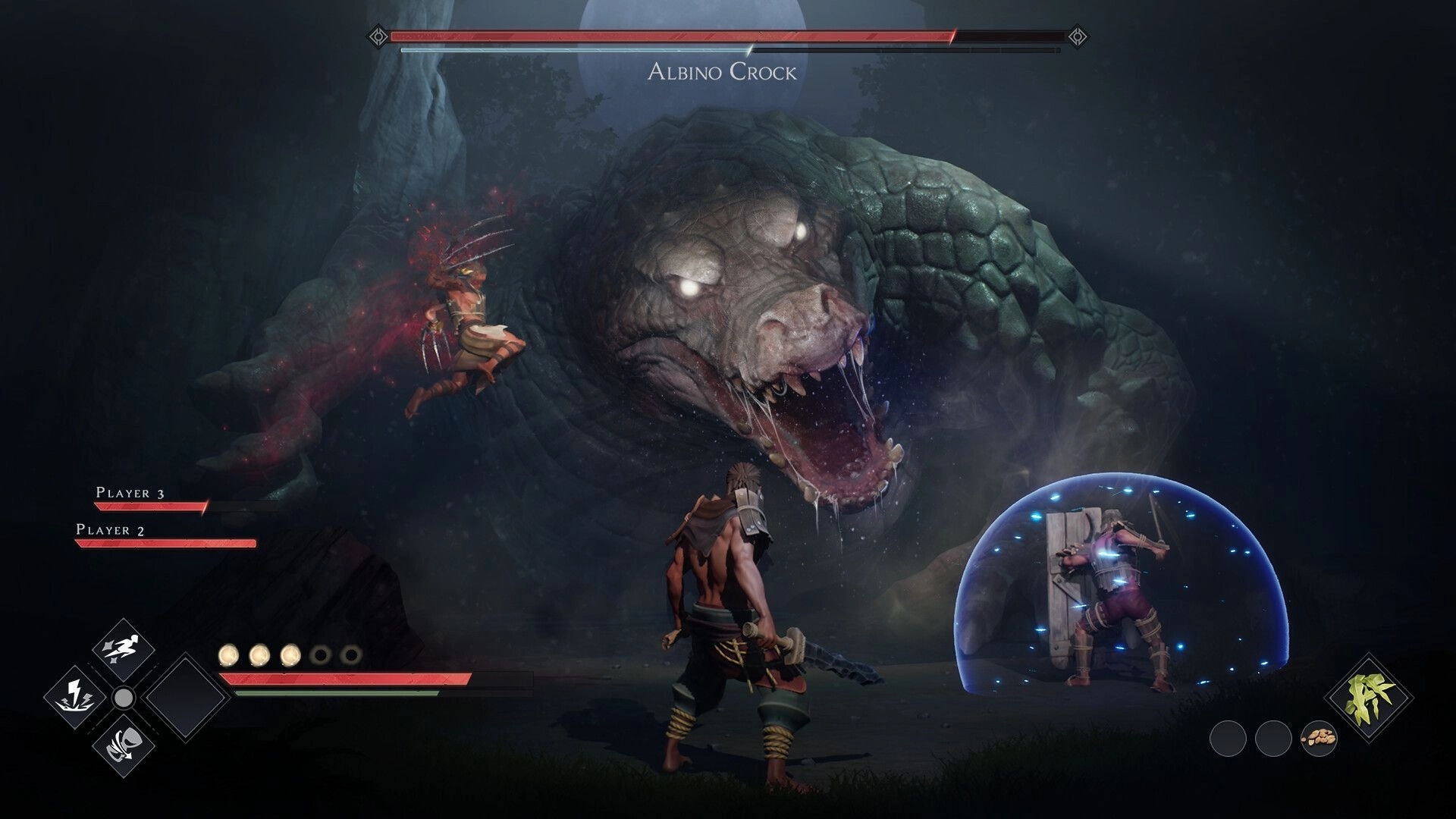Triarchy: Players battling giant Albino Crock in dark forest with protective magic shield active
