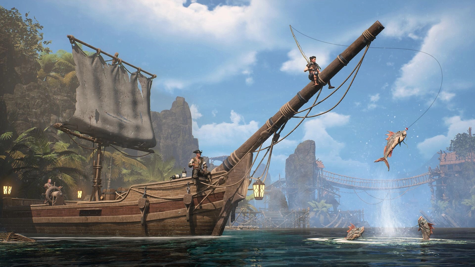 Triarchy: Two sailors fishing from a wooden ship near lush island with leaping fish in clear blue sky