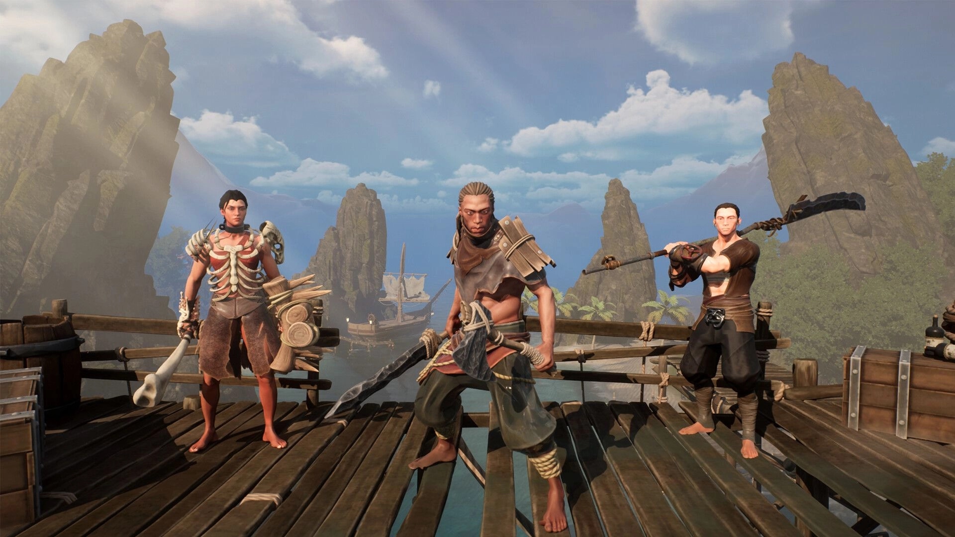 Triarchy: Three characters on a wooden dock with ships and rocky islands in the background
