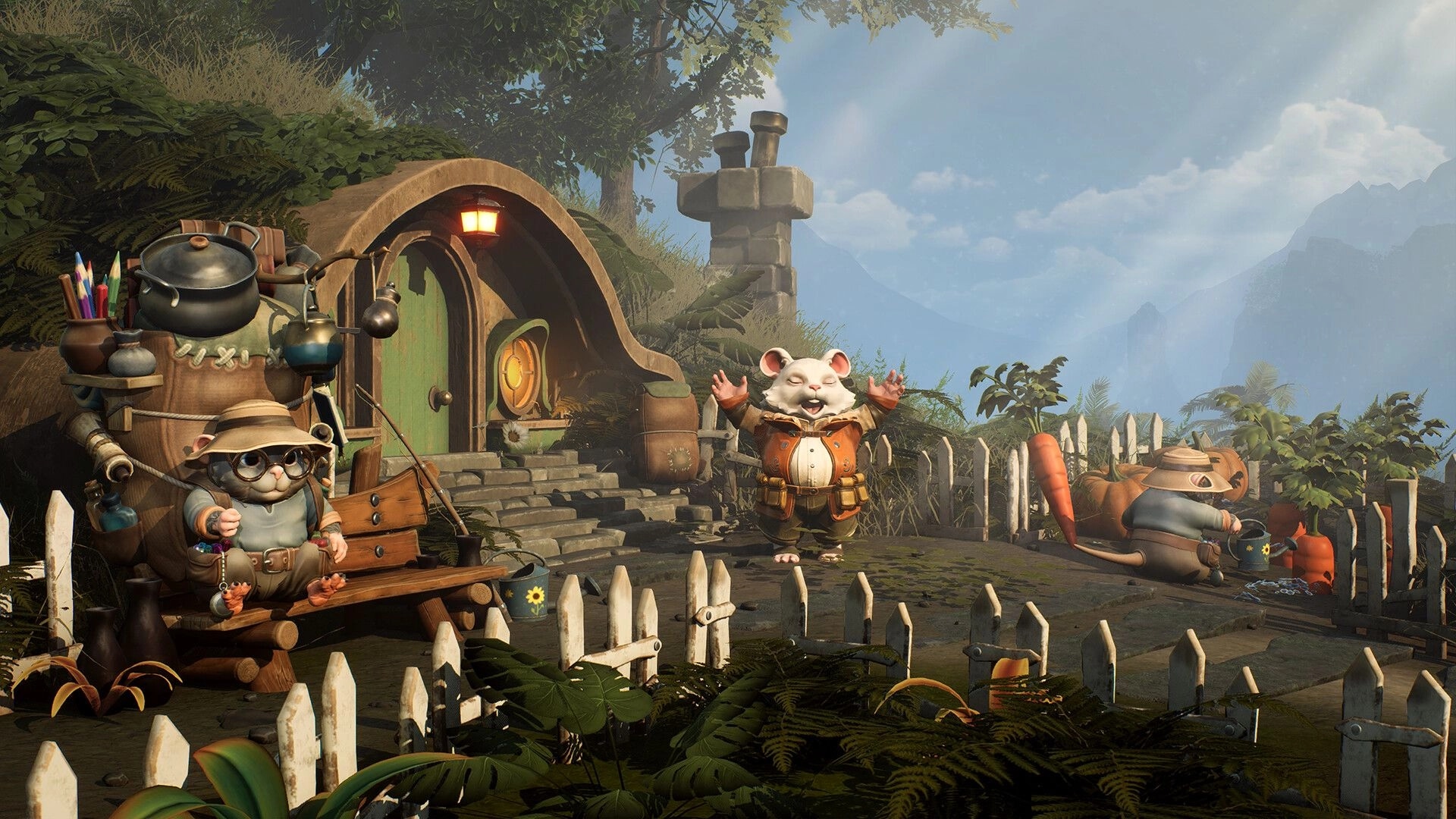 Triarchy: Three anthropomorphic animals outside a cozy hobbit-like home in a lush, mountainous setting