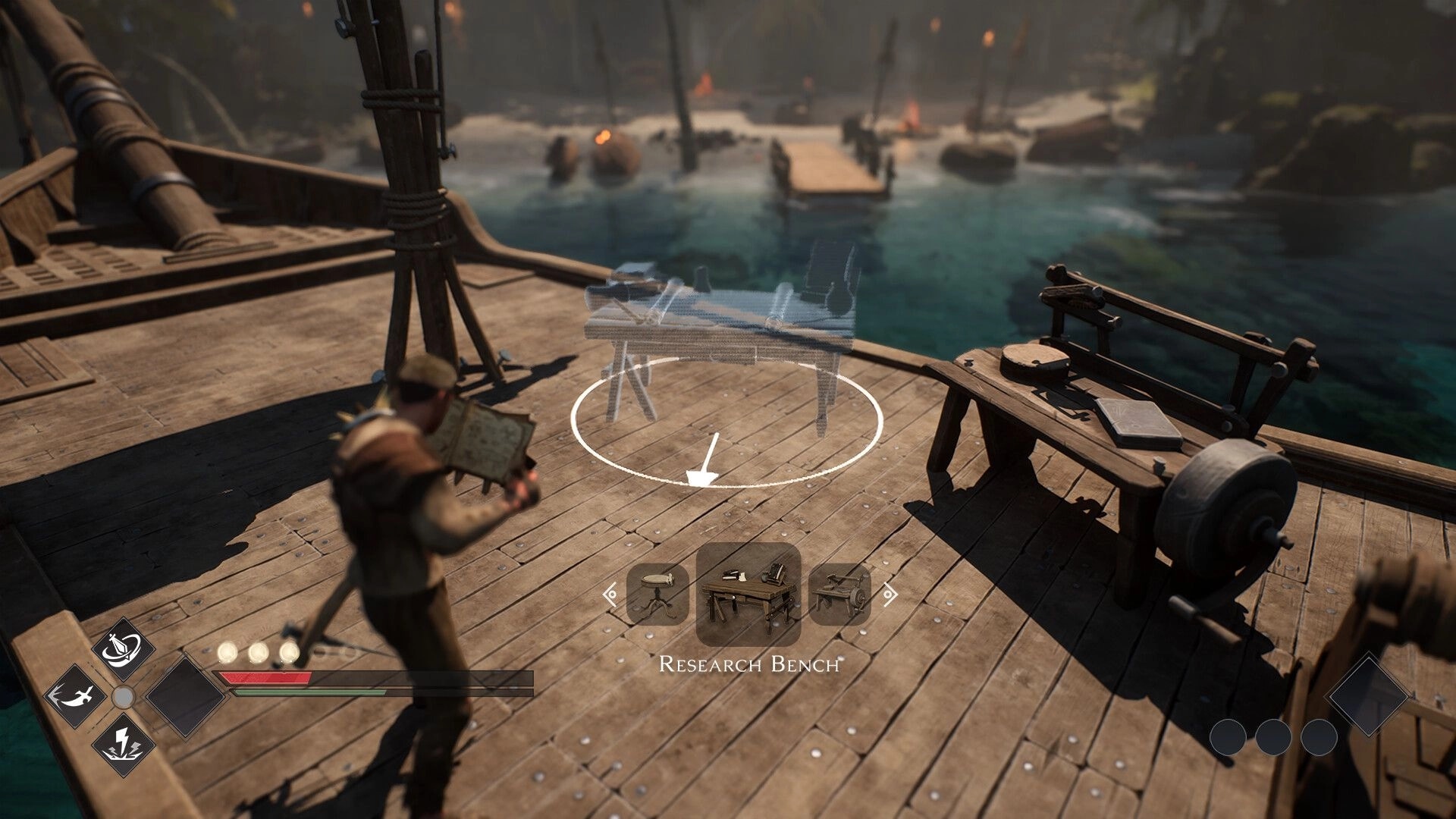 Triarchy: Player placing a research bench on a ship deck overlooking a tropical island and pier
