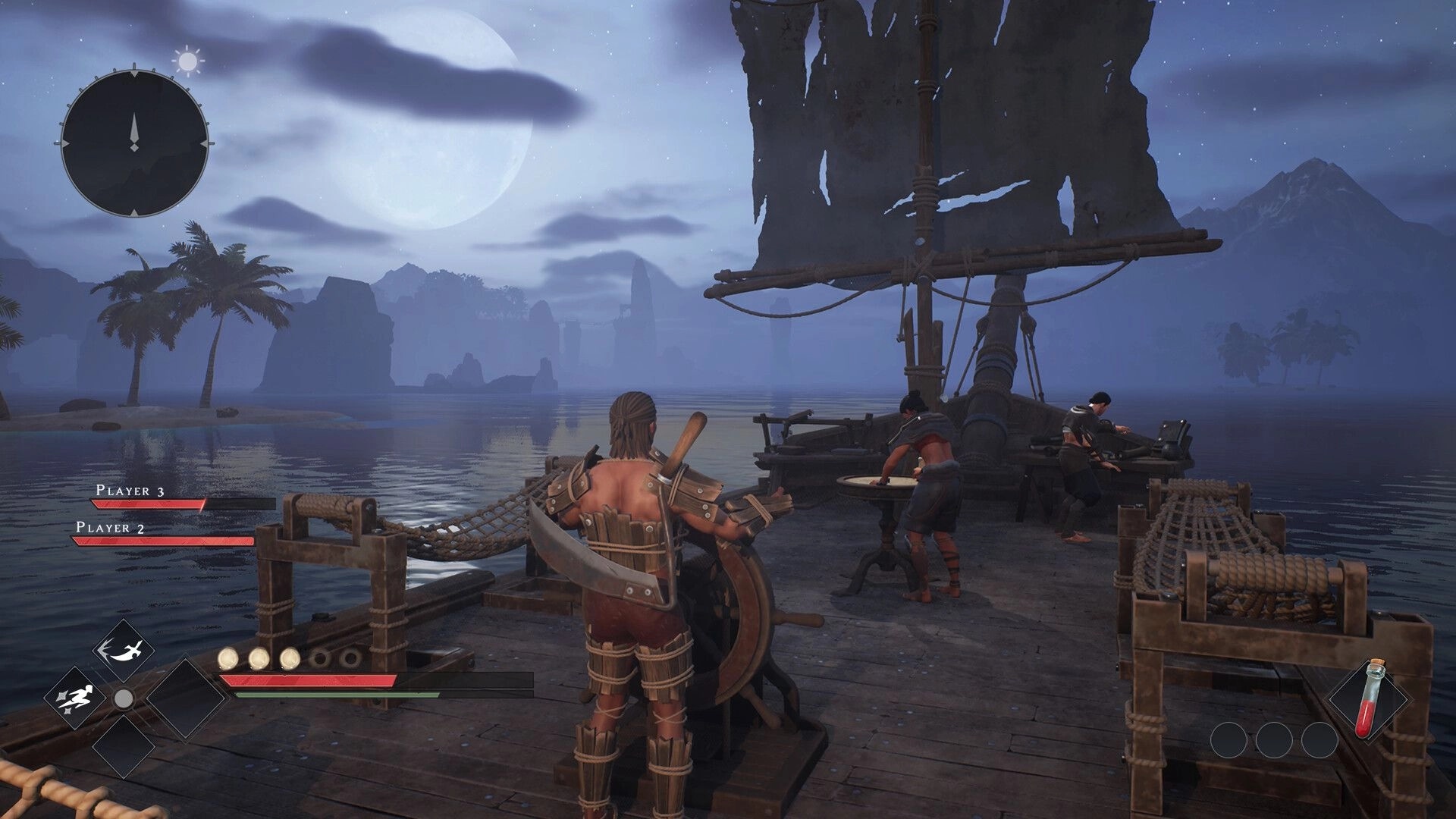 Triarchy: Players navigate a ship at night with moonlit ocean and islands, visible health bars and compass