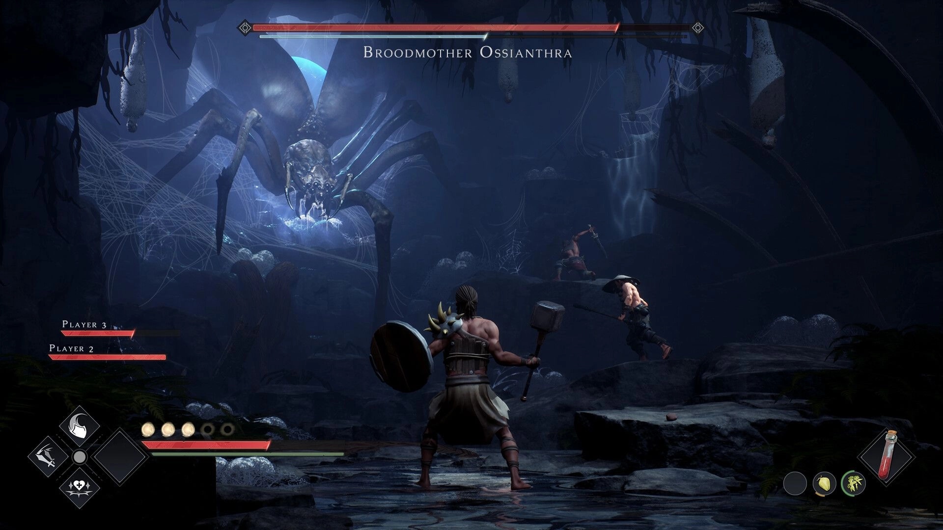 Triarchy: Players battle Broodmother Ossianthra in a dark cave with visible health bars and UI elements.