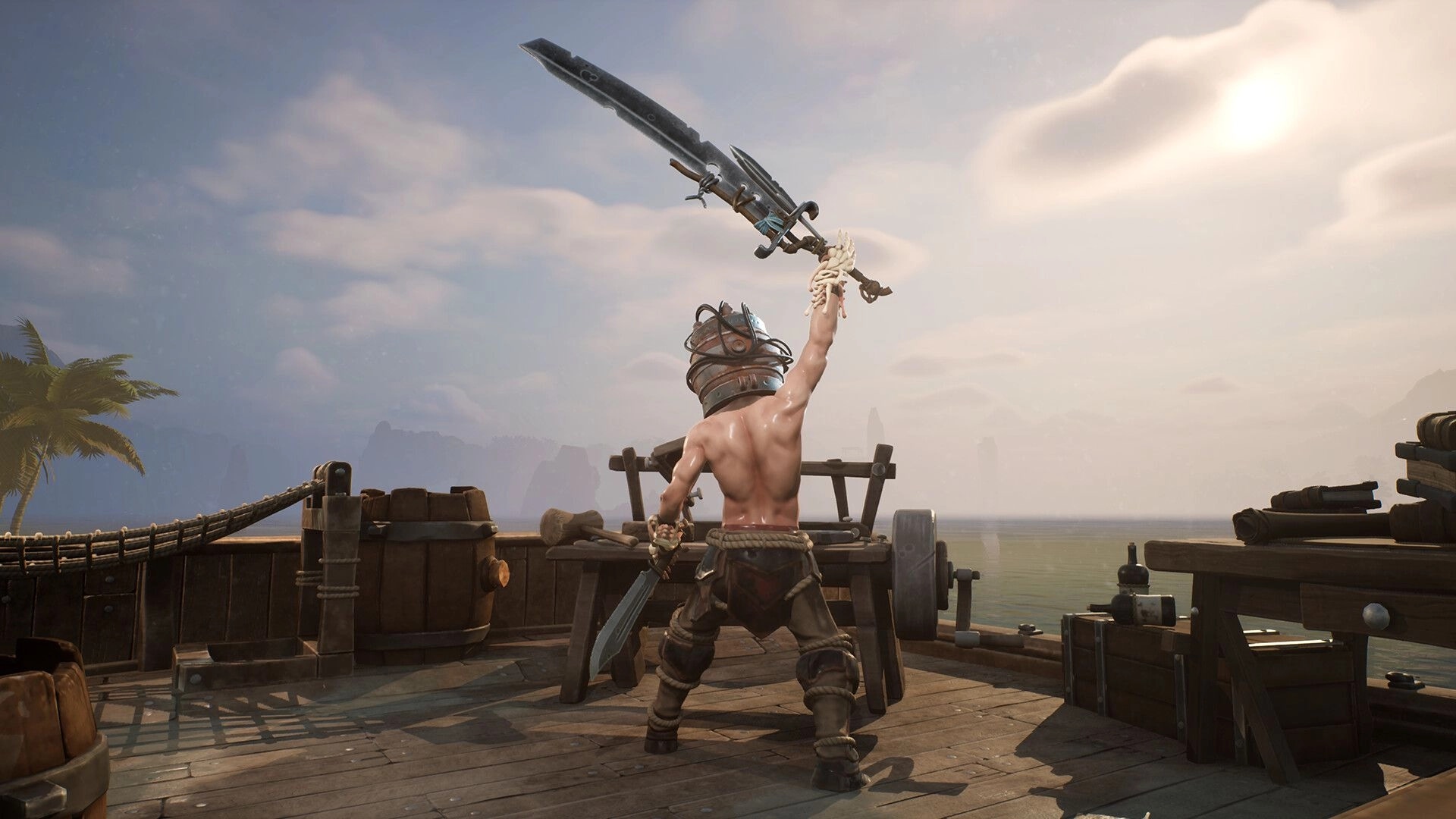 Triarchy: Character holds up a large sword on a ship deck, surrounded by crafting materials and ocean.