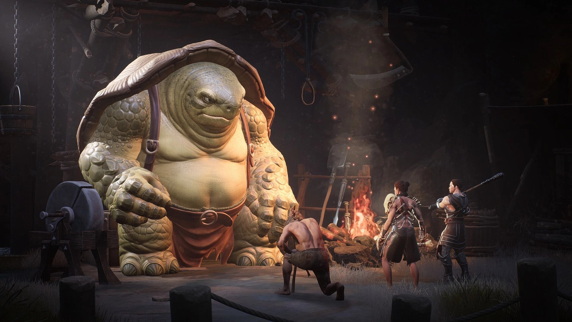 Triarchy: Three adventurers confront a massive turtle creature in a dimly lit cave environment.