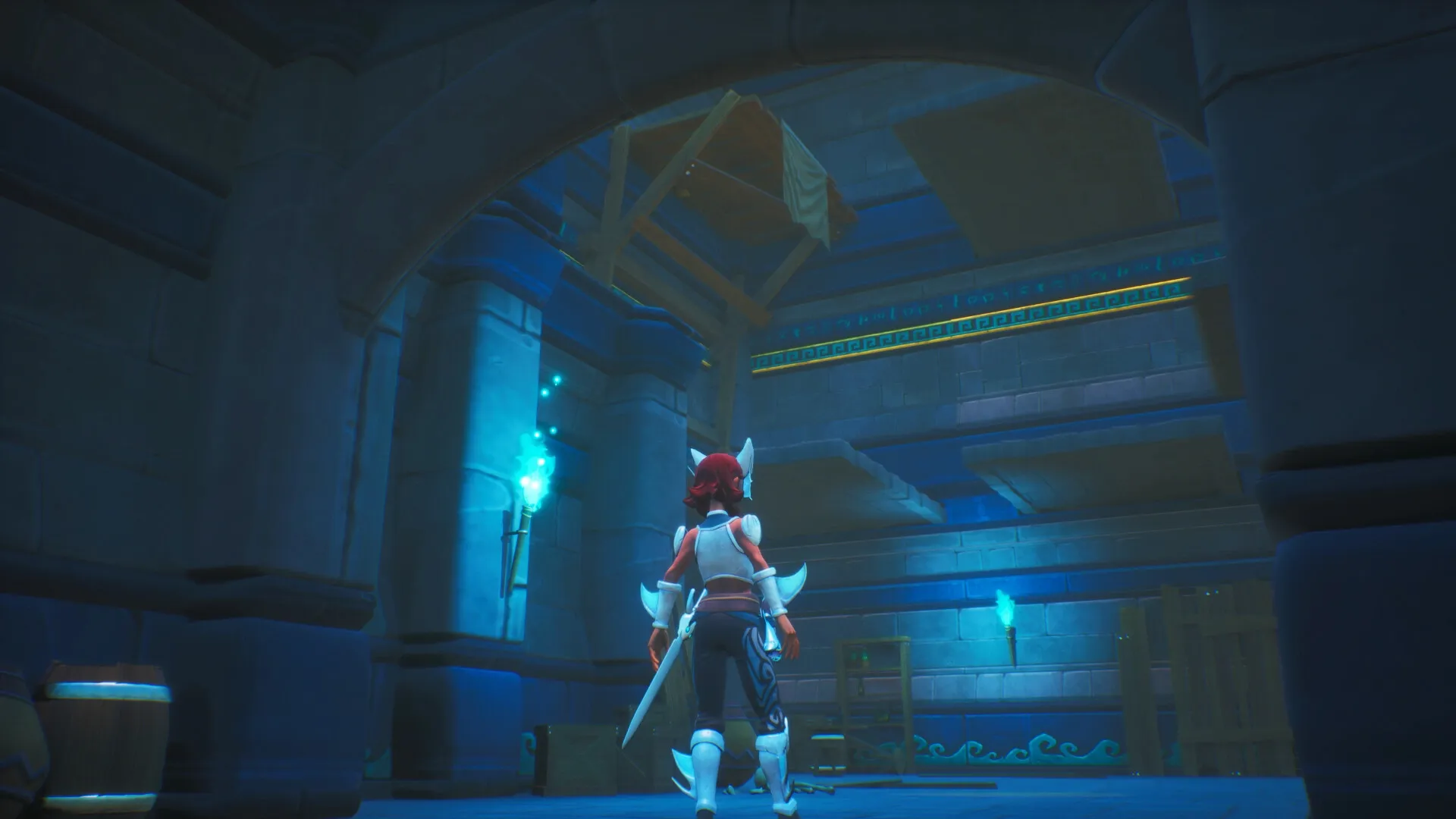 Trident's Tale: Warrior exploring dimly lit stone chamber with glowing blue torches and wooden platforms