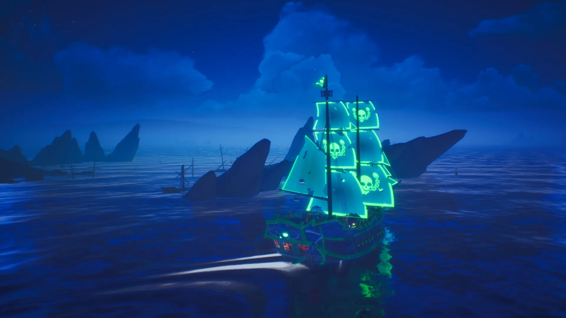 Trident's Tale: Glowing pirate ship sailing through dark, rocky waters under a starry night sky