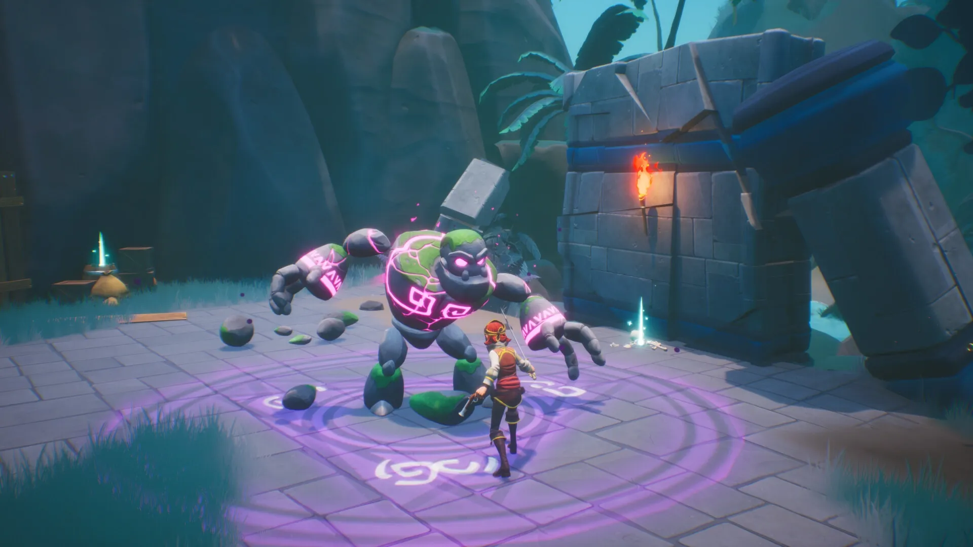 Trident's Tale: Player faces a glowing stone golem in ancient ruins with magical symbols on the ground.