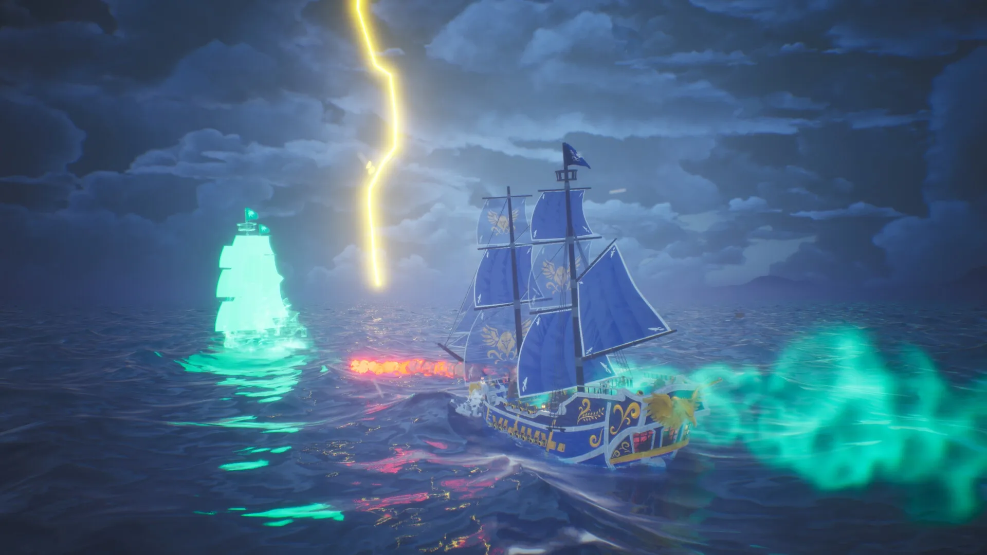 Trident's Tale: Naval battle with glowing ghost ship and lightning under stormy night sky