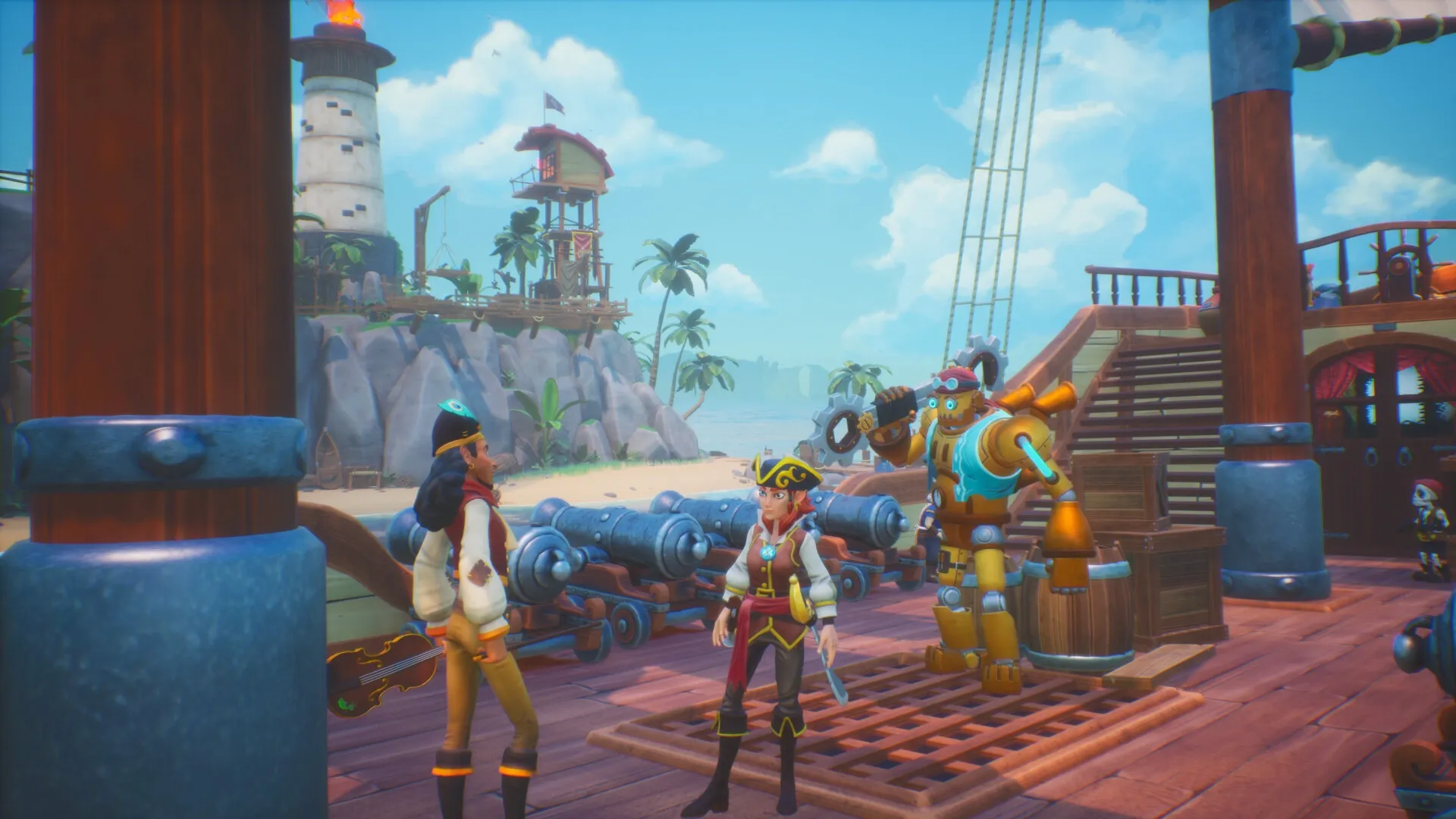 Trident's Tale: Pirate crew strategizes on a ship deck near a lighthouse and tropical island backdrop.