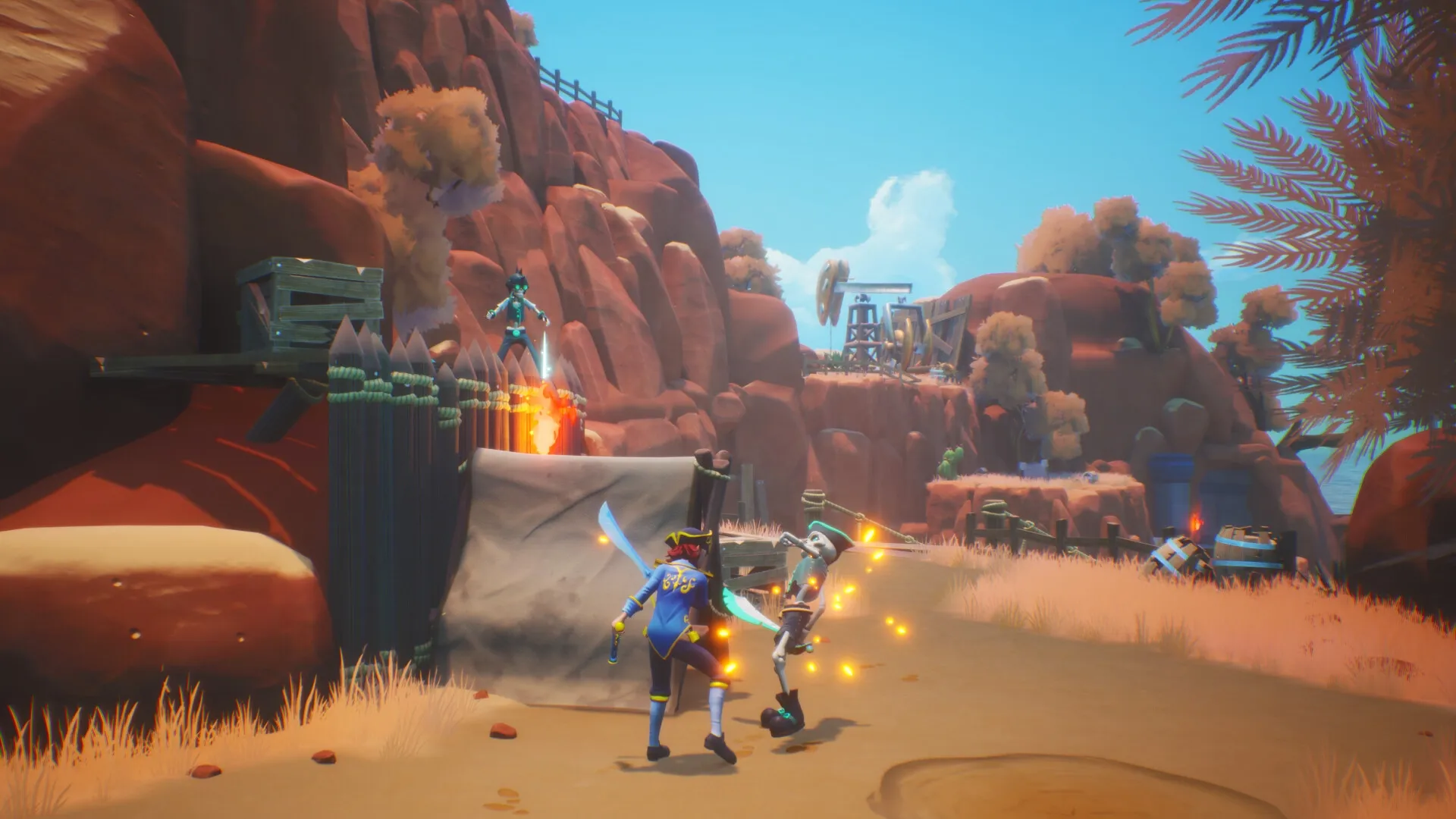 Trident's Tale: Character battles skeleton with swords in rocky canyon environment
