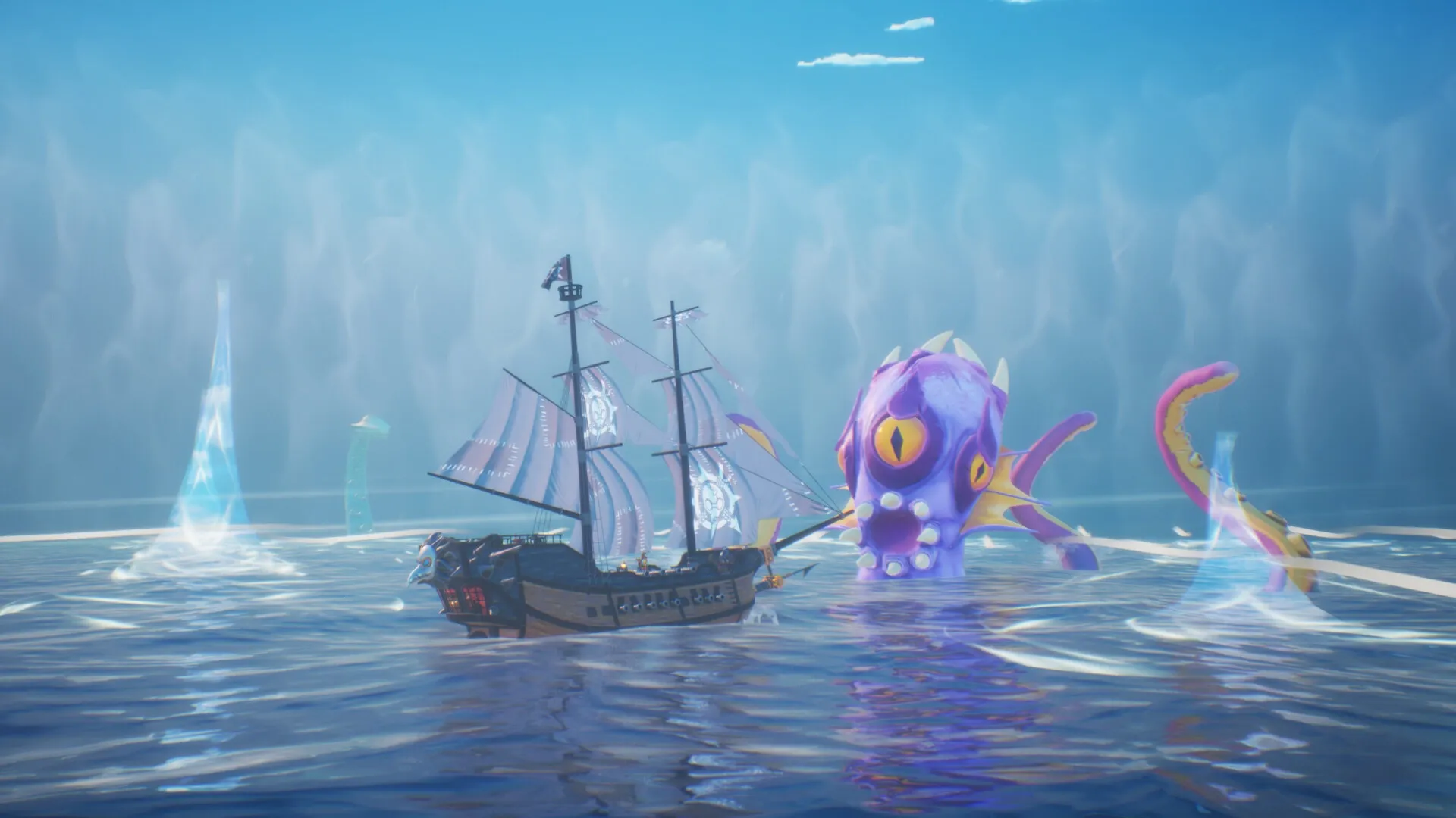 Trident's Tale: Ship battles giant sea creature in open ocean under a clear blue sky