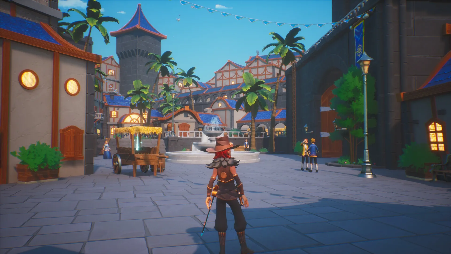 Trident's Tale: Character exploring vibrant town square with fountain, palm trees, and market stalls