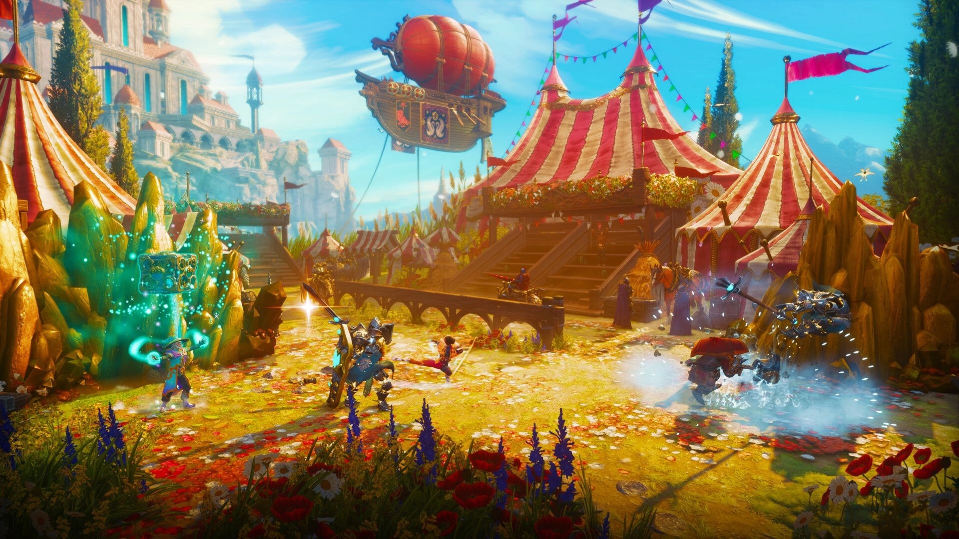 Trine 6: Heroes battle armored foes near striped circus tents and a floating airship at a fairground.