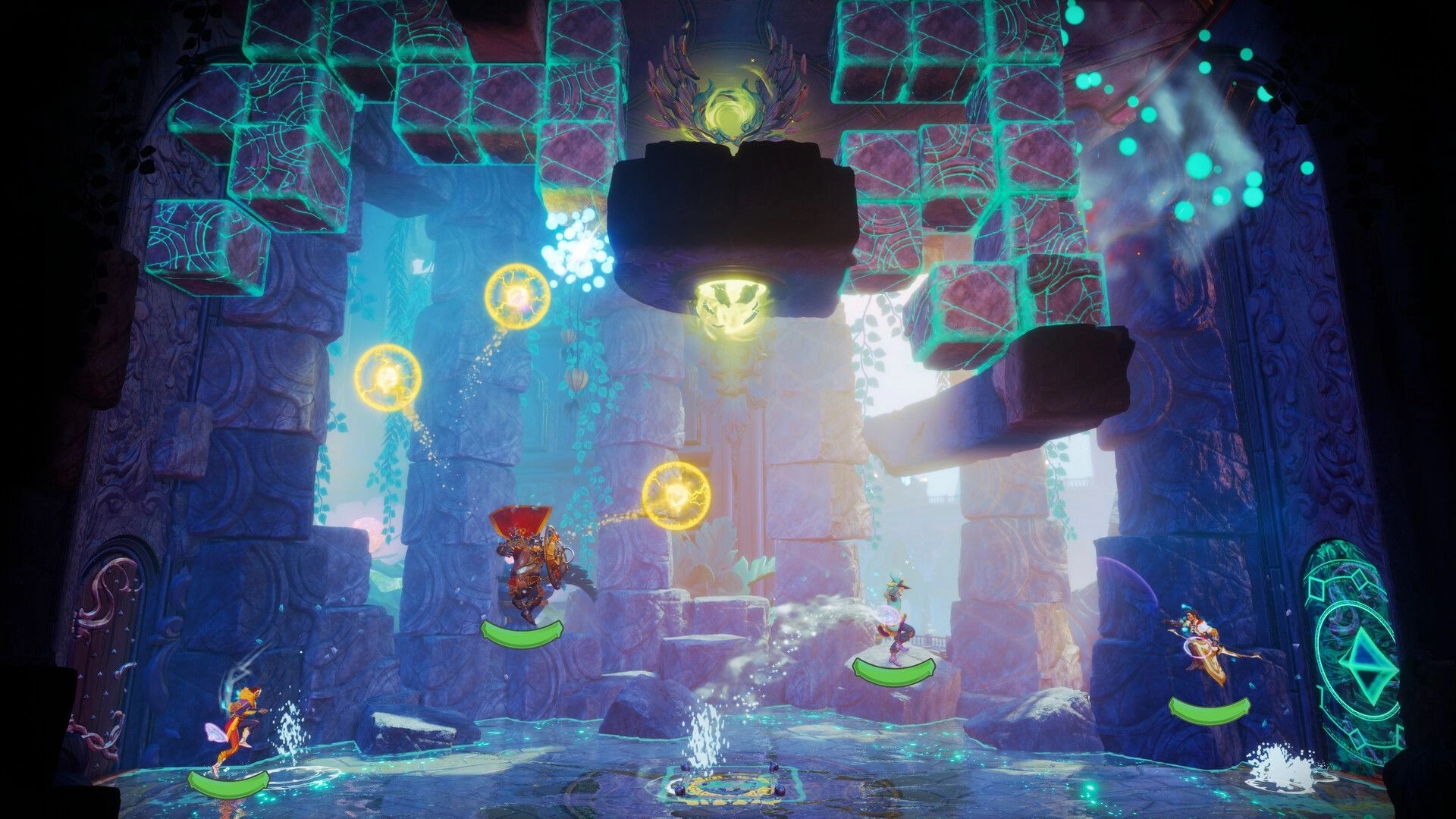 Trine 6: Four heroes leap across floating platforms and magic orbs in a glowing stone ruin chamber.