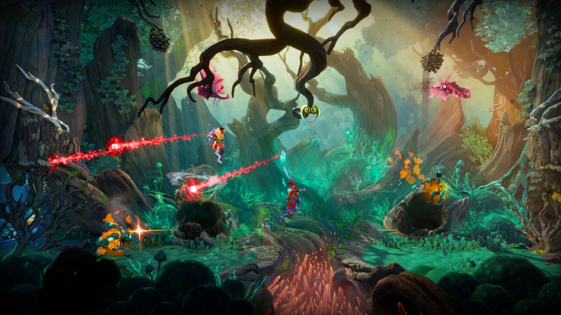 Trine 6: Heroes dodge red laser beams and monsters amid glowing roots in a twisted forest arena.
