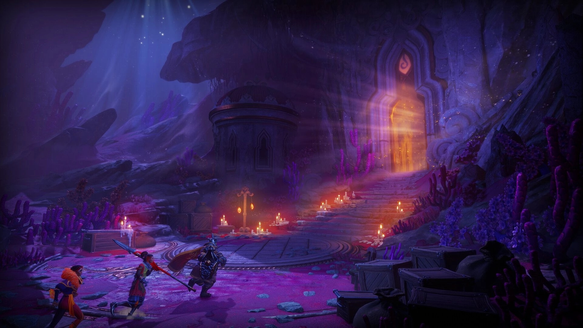 Trine 6: Three heroes approach a glowing portal door in a purple crystal cavern with candles and crates.