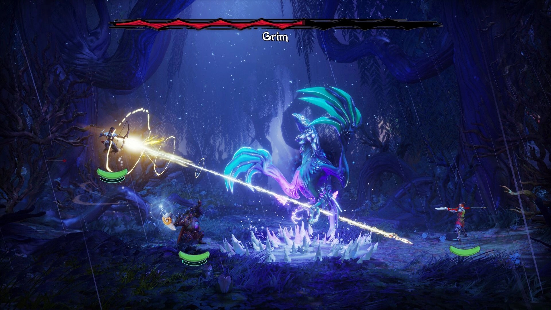 Trine 6: Boss fight vs Grim as heroes fire magic beams in a rainy forest clearing with health bar.