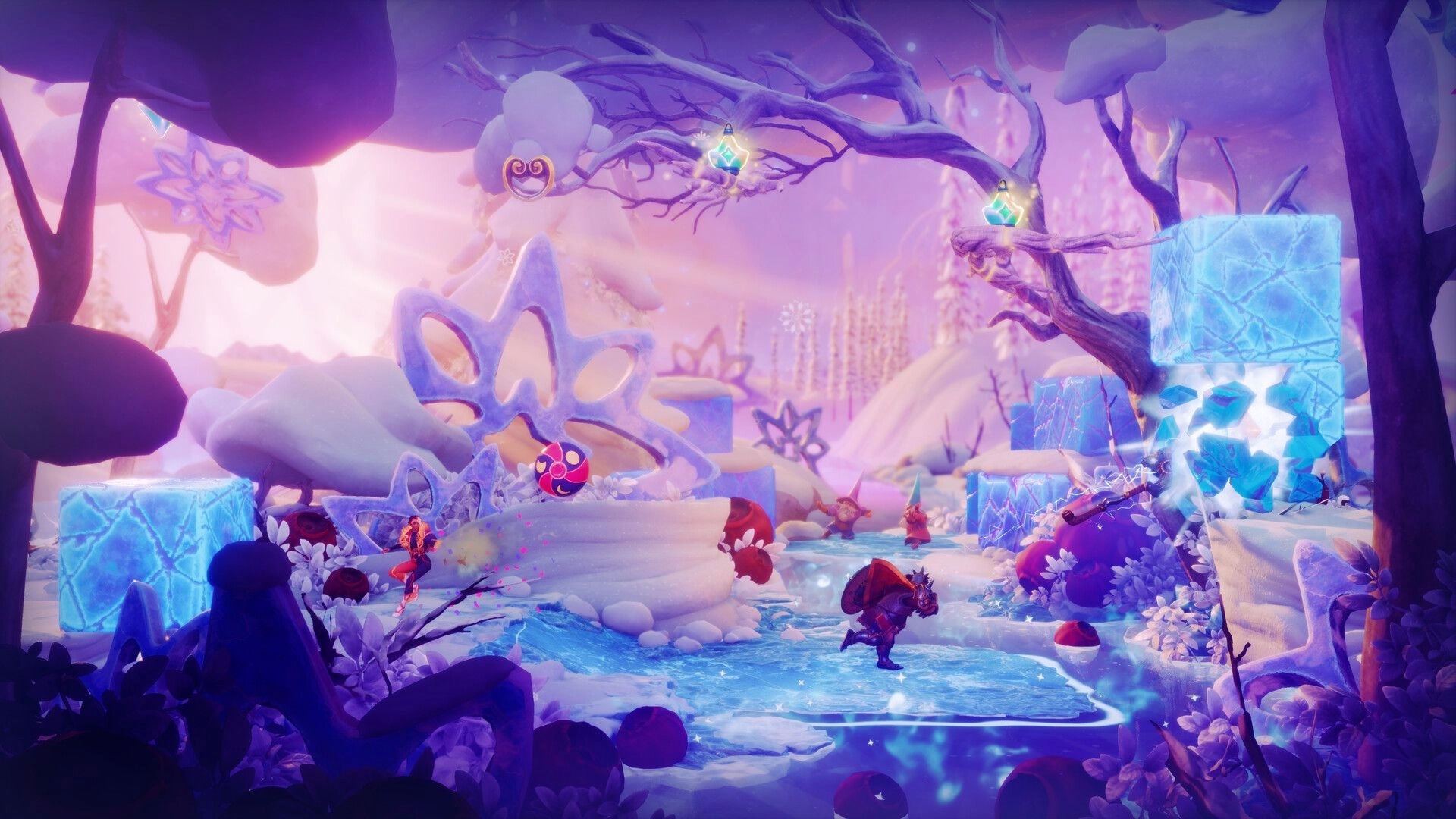 Trine 6: Heroes battle goblins amid icy blocks and lantern trees in a pastel winter forest level.