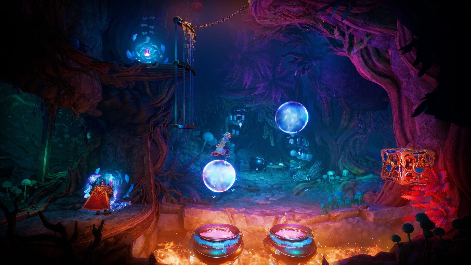 Trine 6: Wizard jumps between glowing bubble platforms in a bioluminescent cave with cauldrons.
