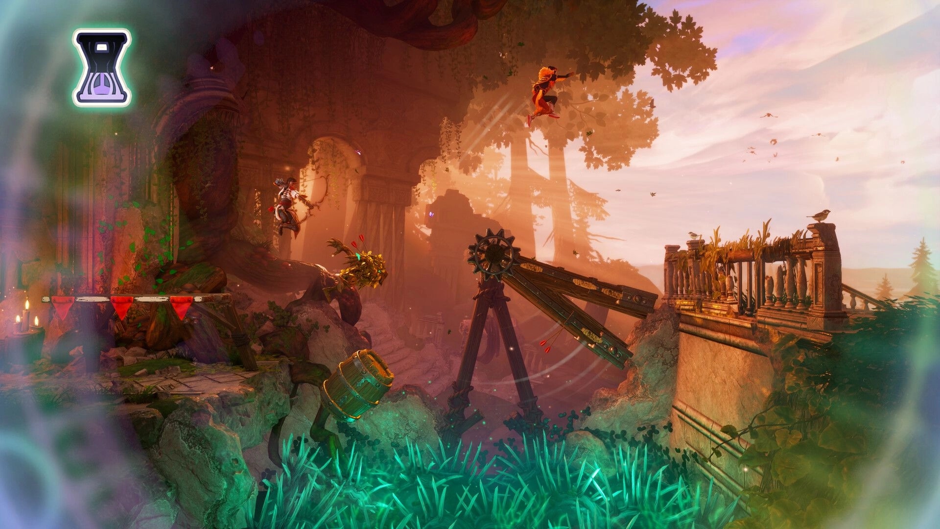 Trine 6: Two heroes leap over rotating wooden gear bridge in sunlit ruins with hourglass icon UI.