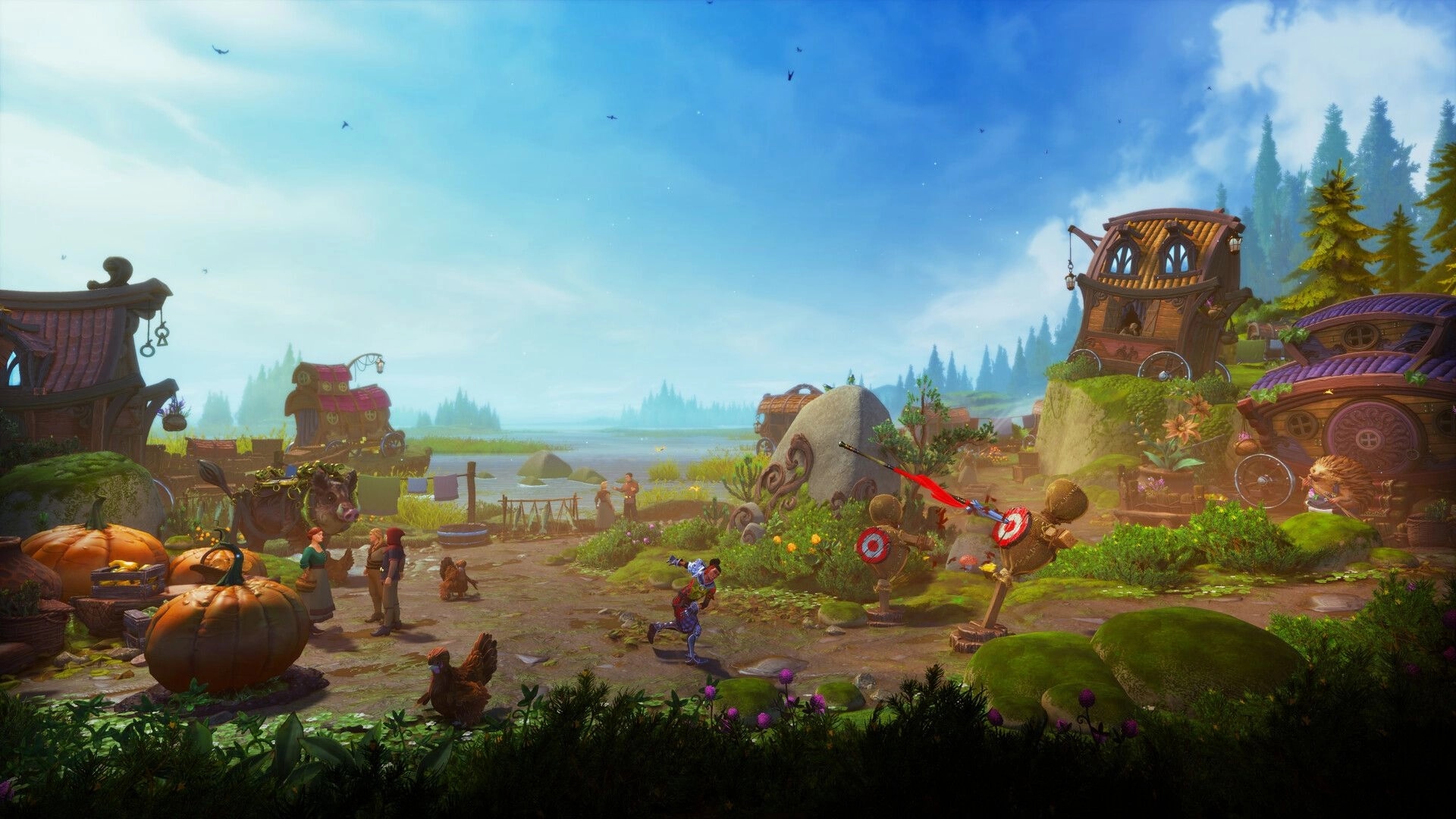 Trine 6: Knight sparring with wooden dummies near pumpkin carts and cottages by a lakeside village.
