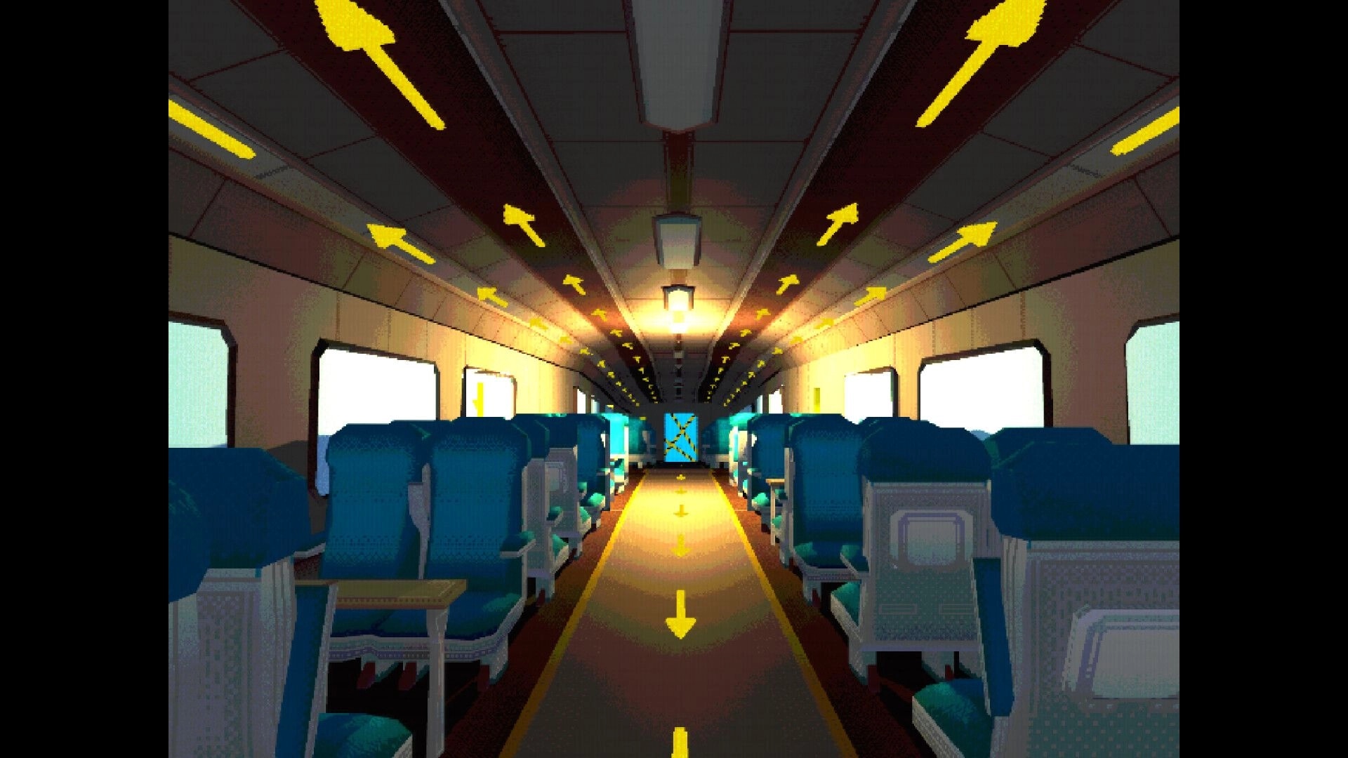 TRIP: First-person view down empty train car aisle with blue seats and yellow arrow markers overhead.