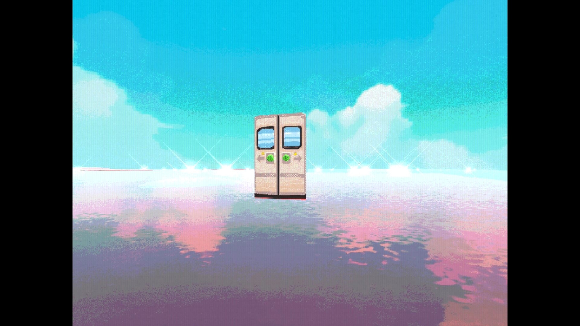 TRIP: Double train doors floating ahead over a reflective pastel sea under a bright blue sky.