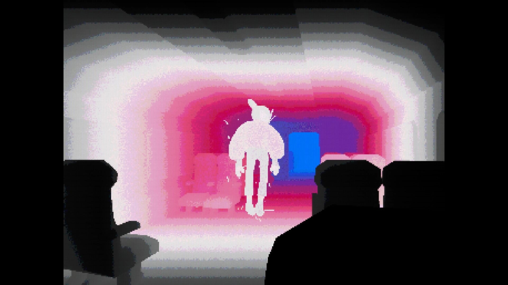 TRIP: First-person view of a glowing white figure in a neon-lit train car with seats in shadow.