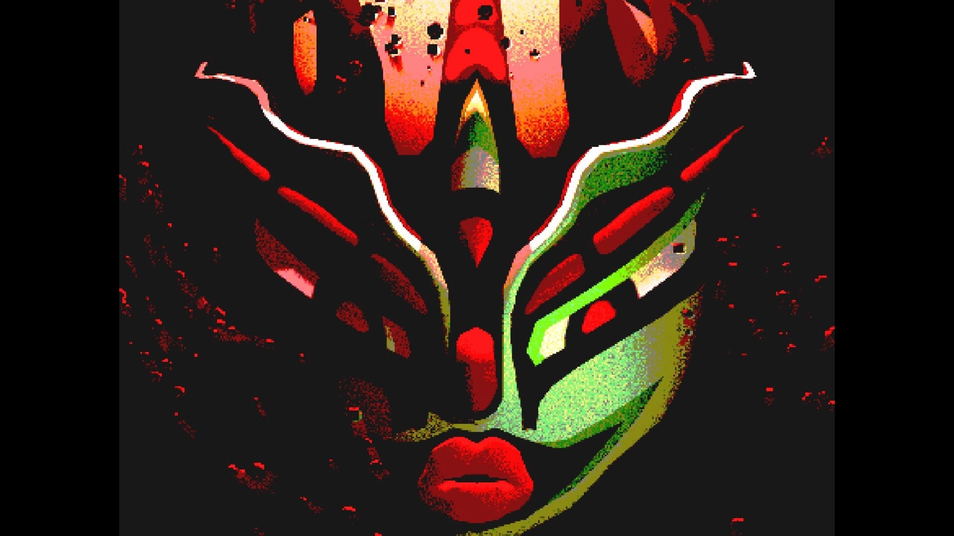 TRIP: Close-up of a masked face with red lips and green highlights in grainy retro visuals.