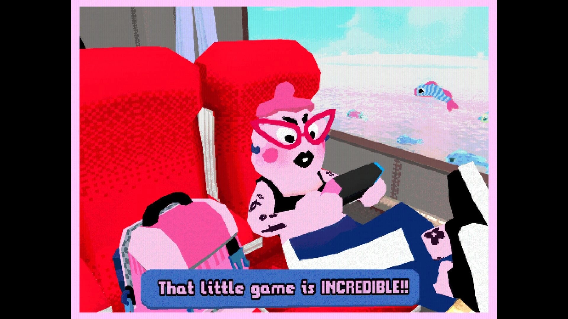 TRIP: Pink passenger with red glasses plays handheld on red train seat, dialogue box below.