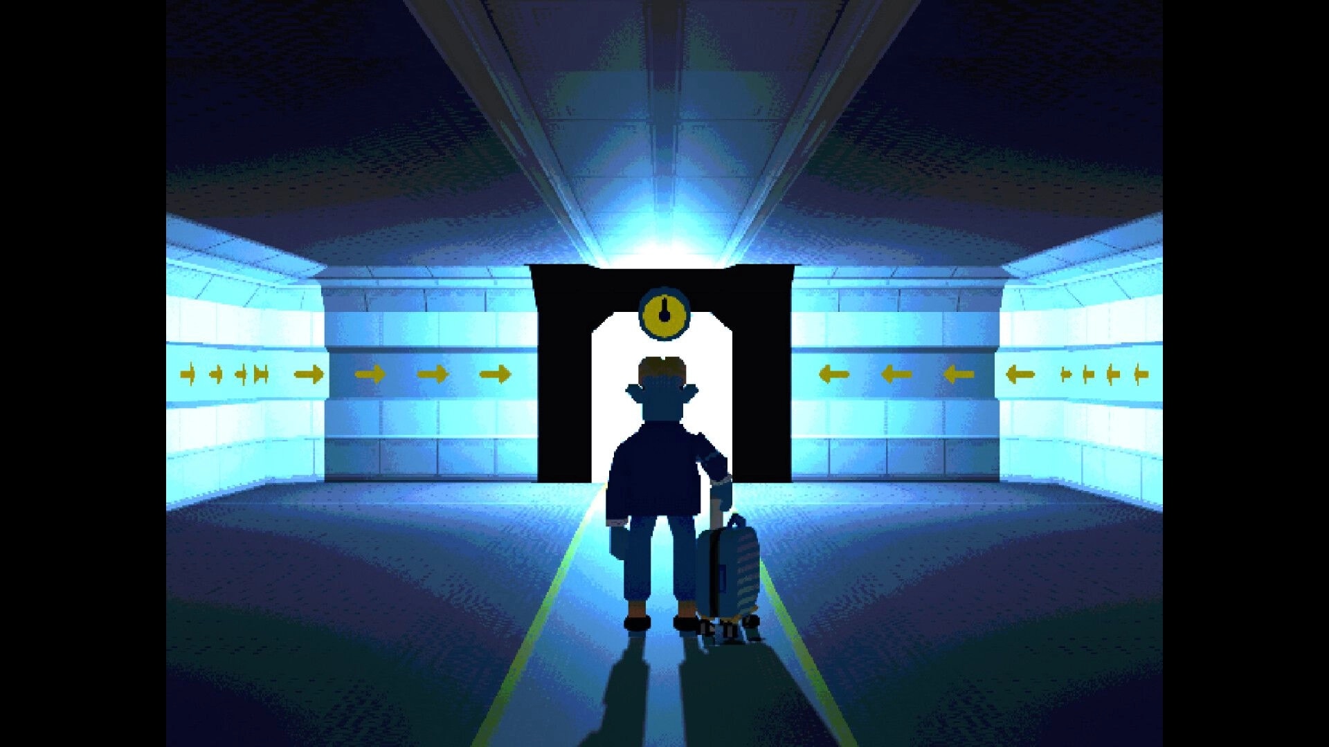 TRIP: Lone traveler with suitcase faces bright doorway in blue corridor lined with yellow arrows.