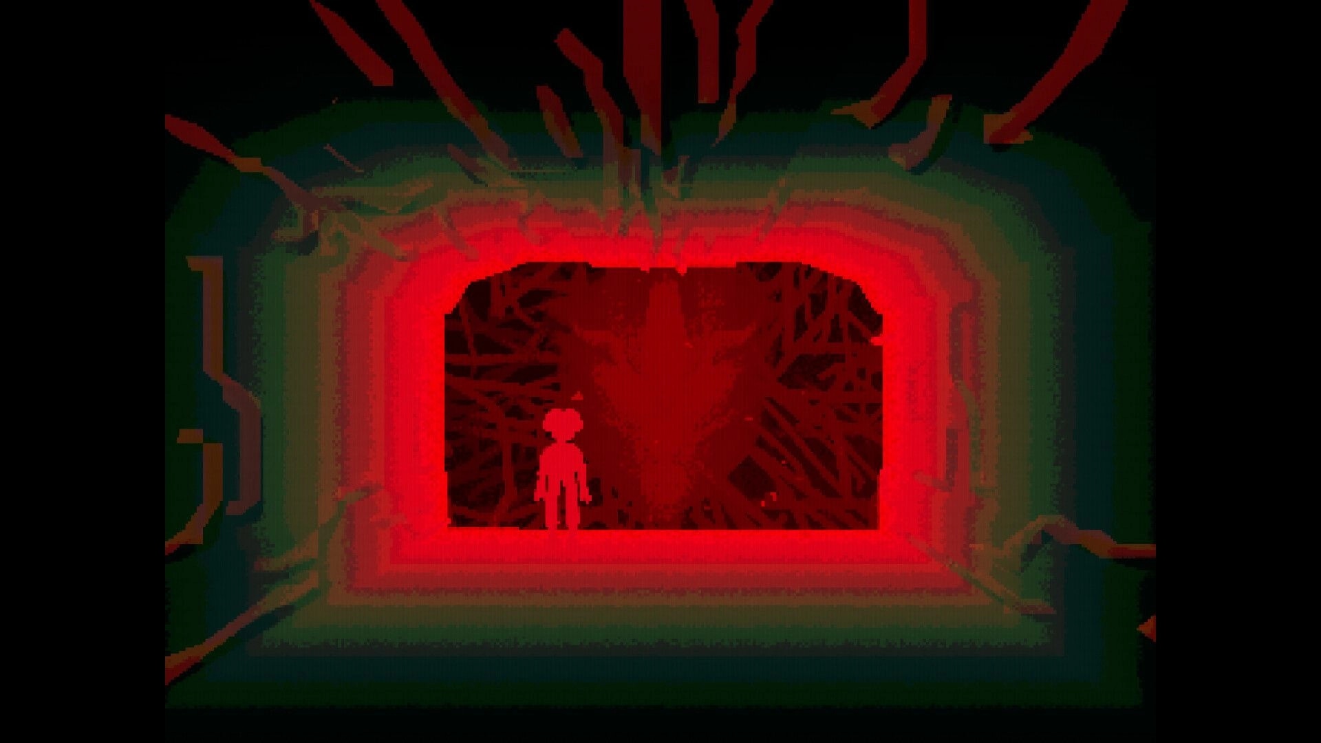 TRIP: Small figure stands before a glowing red portal framed in green, dark abstract chamber beyond.