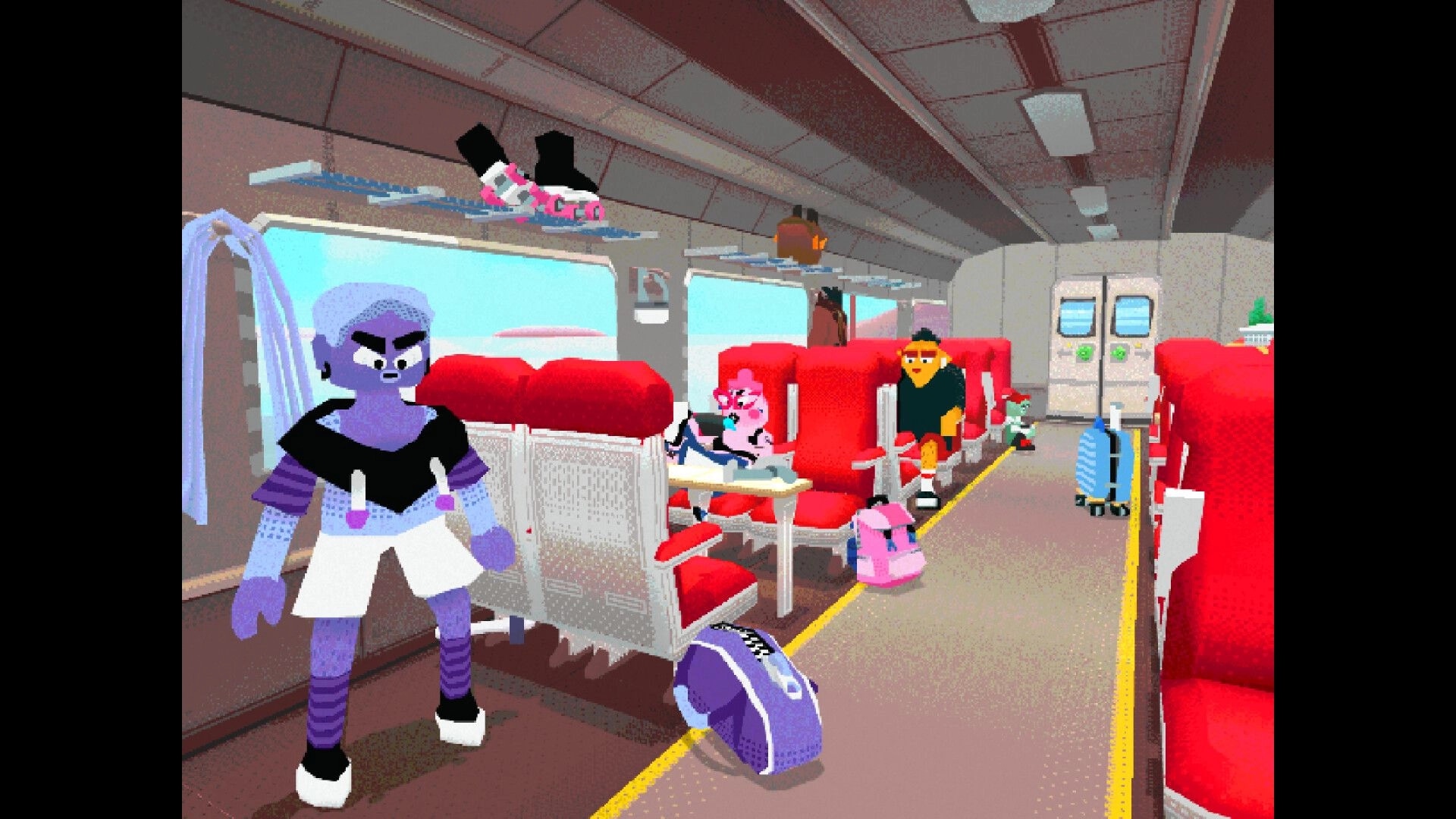 TRIP: Purple-skinned passenger stands in train aisle beside red seats and scattered luggage bags.