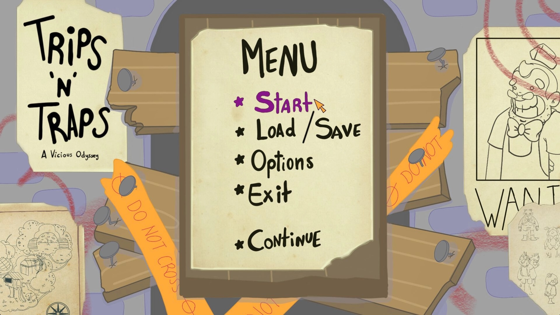 Trips'n'Traps: Main menu with Start highlighted on pinned paper over wooden boards and sketches.
