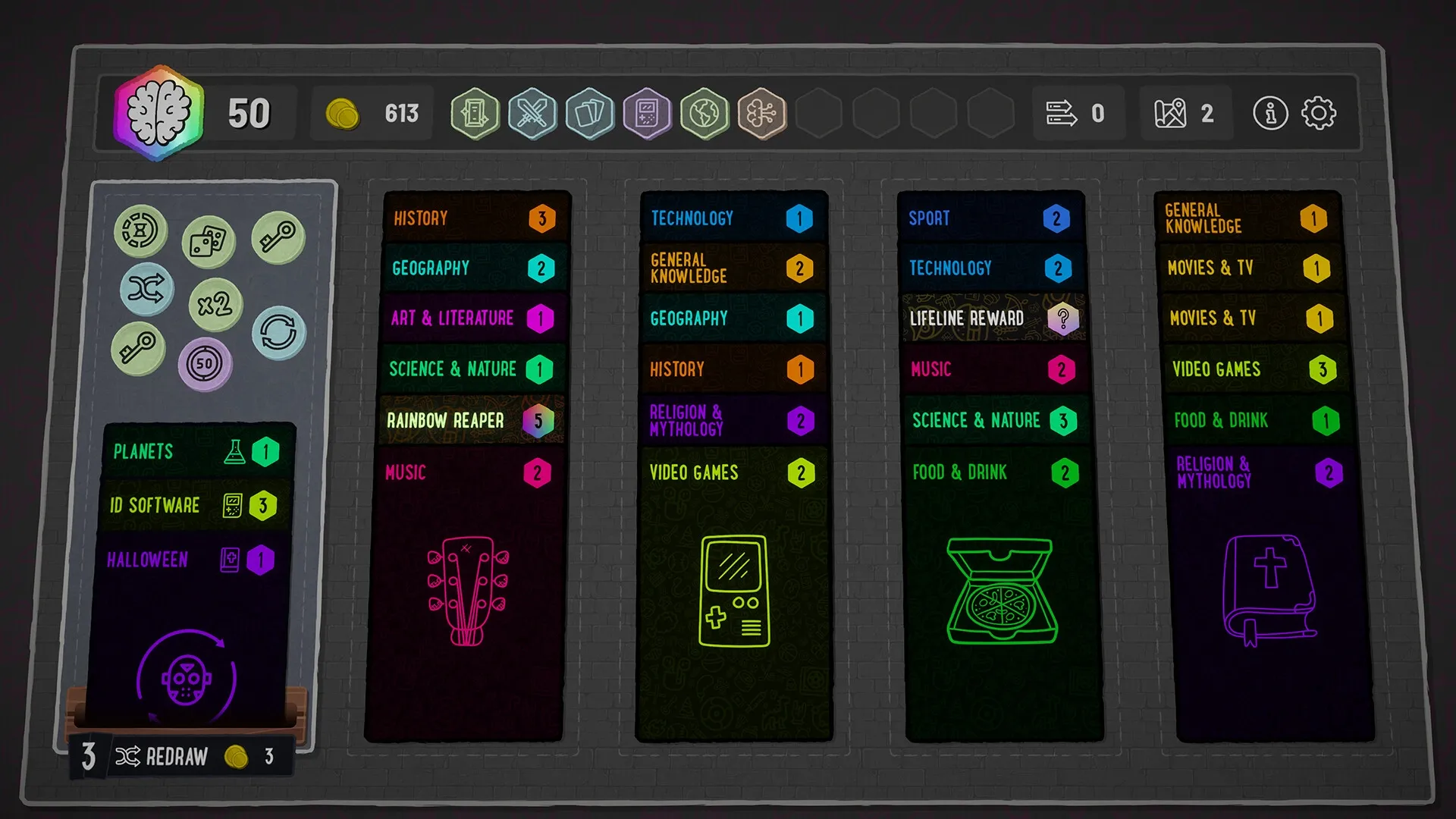 Trivia Deal: Category selection screen with various trivia topics and player stats displayed