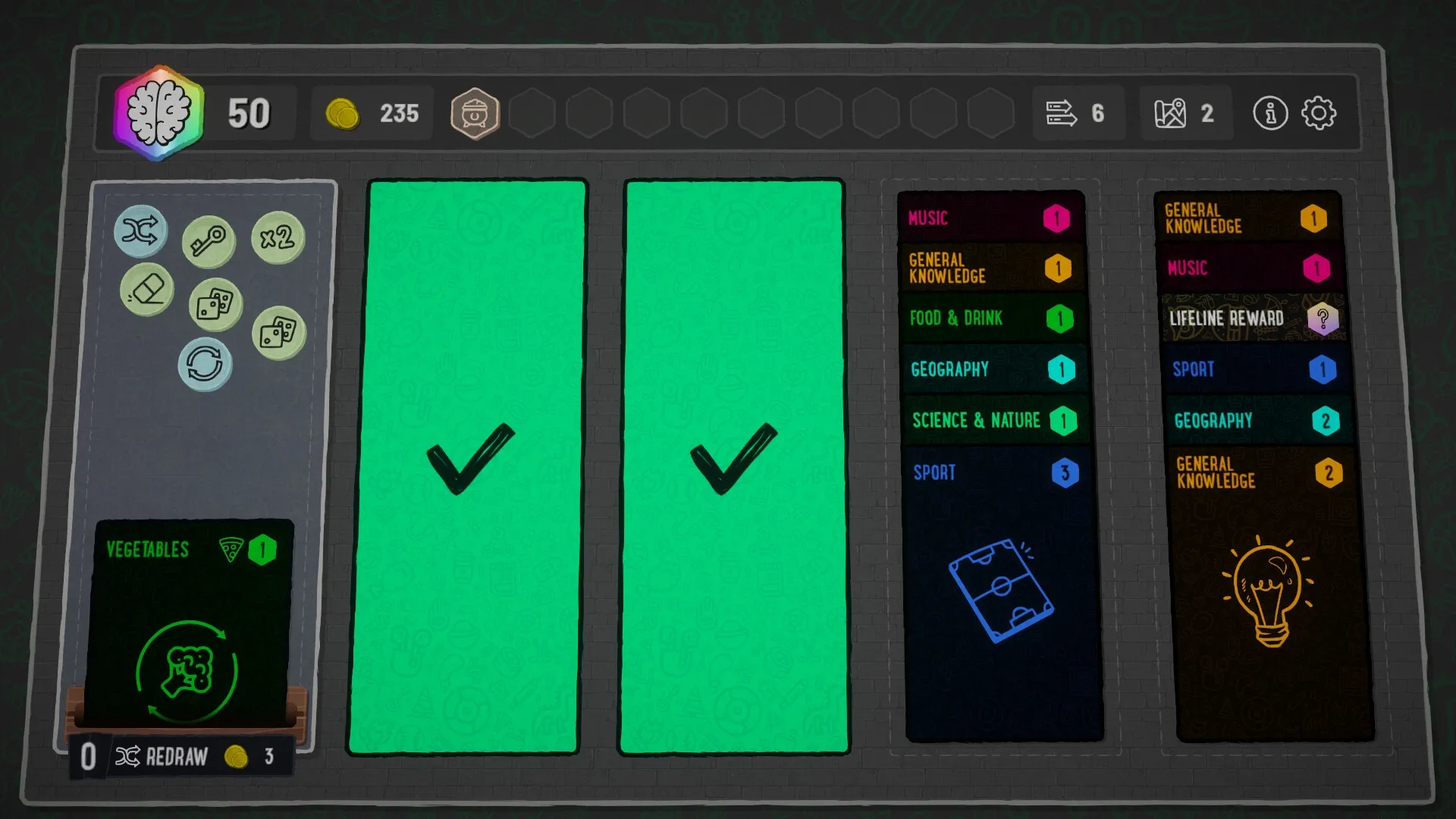 Trivia Deal: Green checkmarked cards with category list and icons in a trivia selection interface