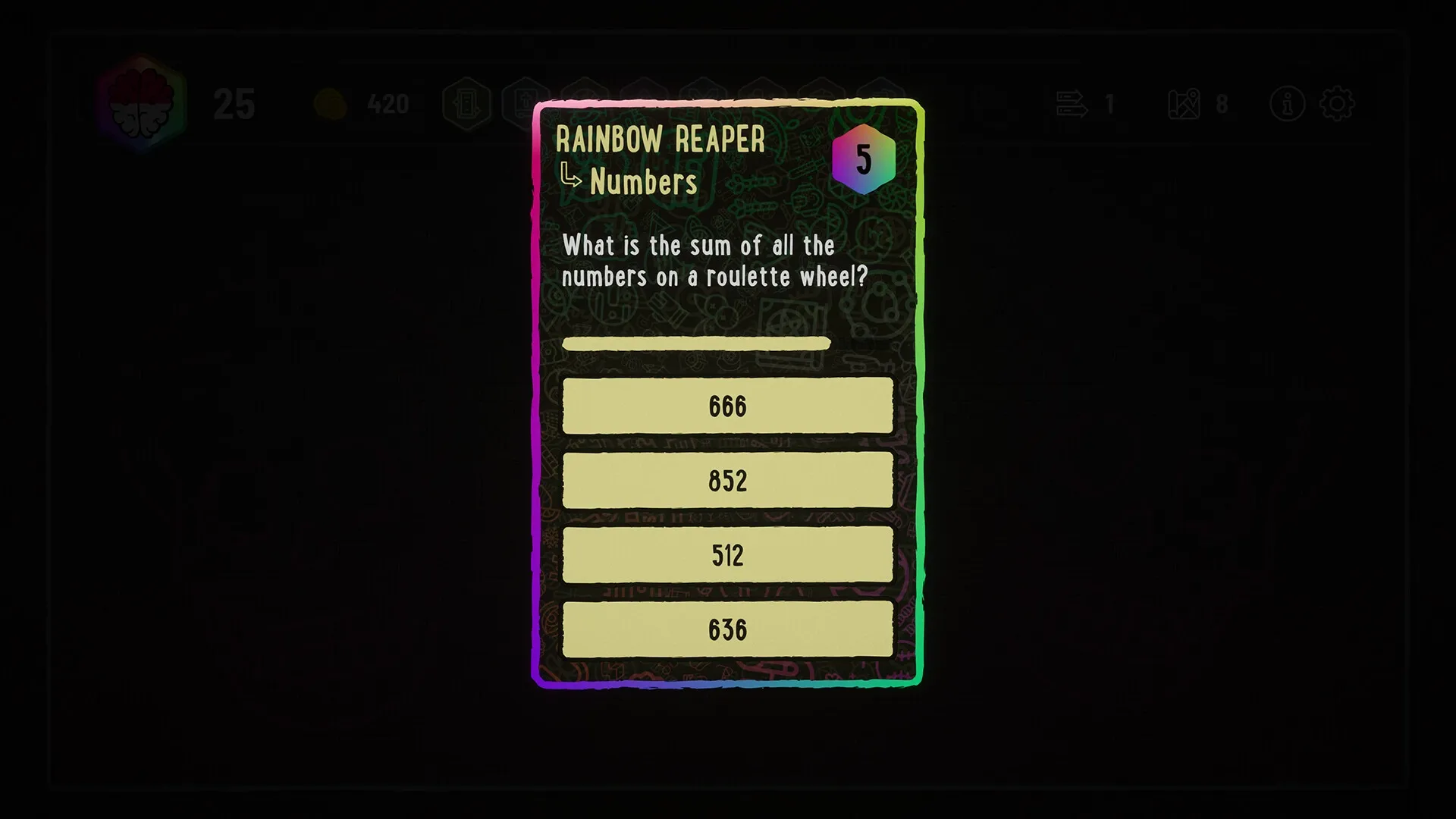 Trivia Deal: Rainbow Reaper question with multiple-choice answers on a dark, skull-themed background