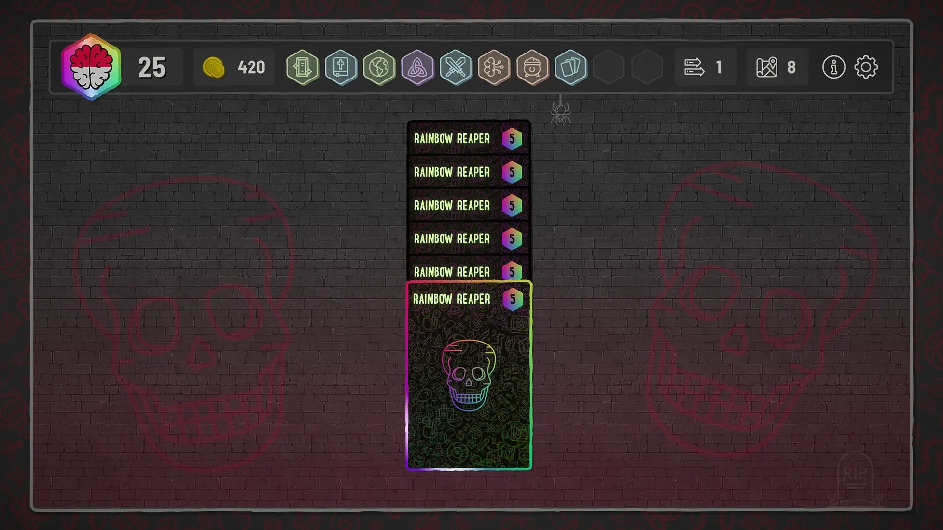 Trivia Deal: Card selection screen with multiple "Rainbow Reaper" cards displayed on brick wall background