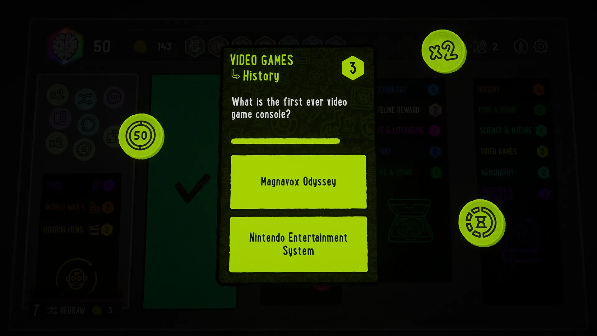 Trivia Deal: Question about the first video game console with options in a dimly lit trivia interface