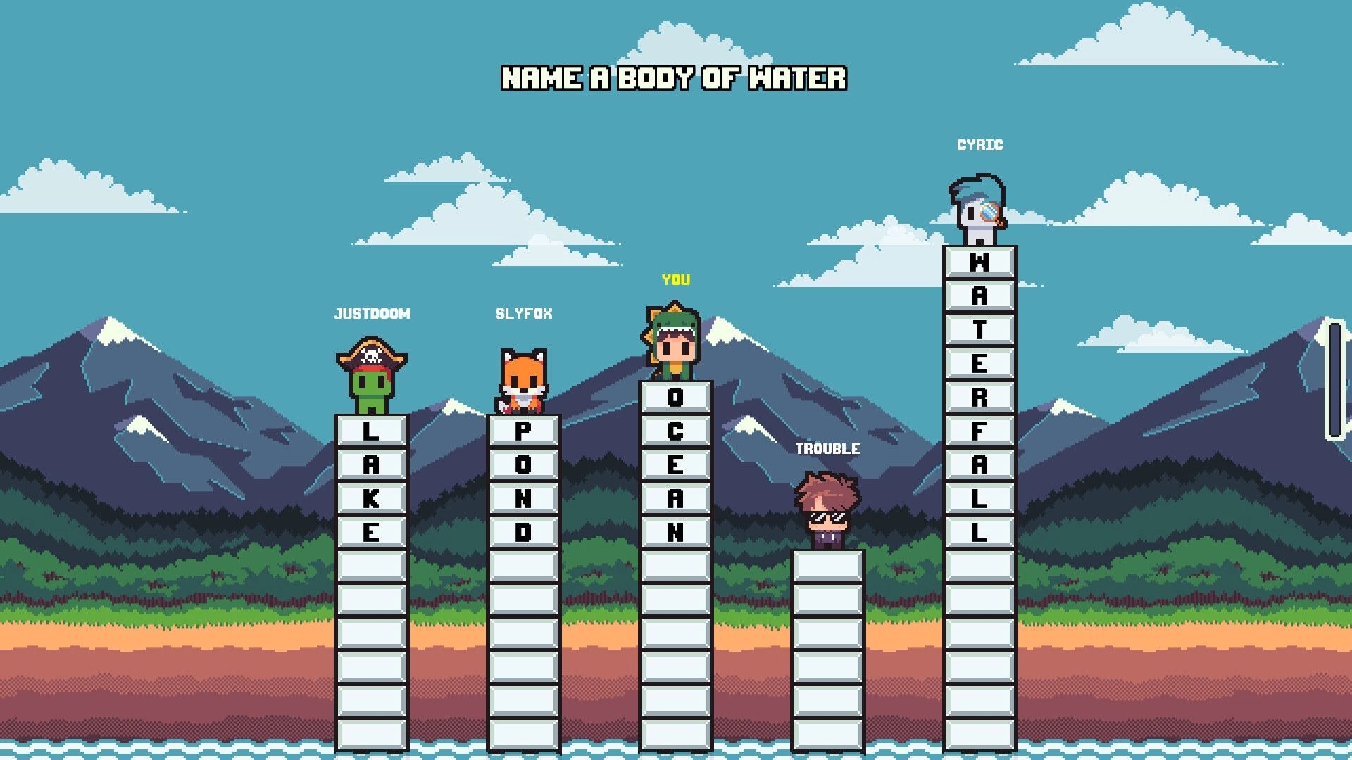 TriviaSpire: Players stack letter blocks for water trivia as ocean rises under a mountain sky backdrop.